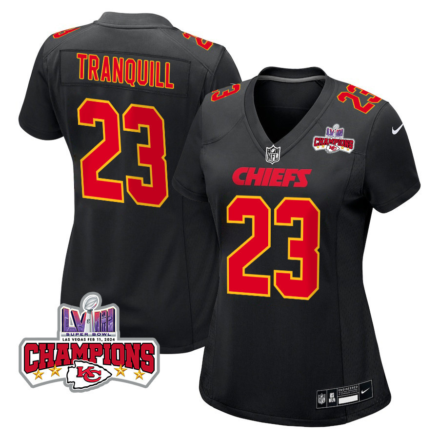 Drue Tranquill 23 Kansas City Chiefs Super Bowl LVIII Champions 4 Stars Patch Fashion Game Women Jersey - Carbon Black JS4860 nicesnker