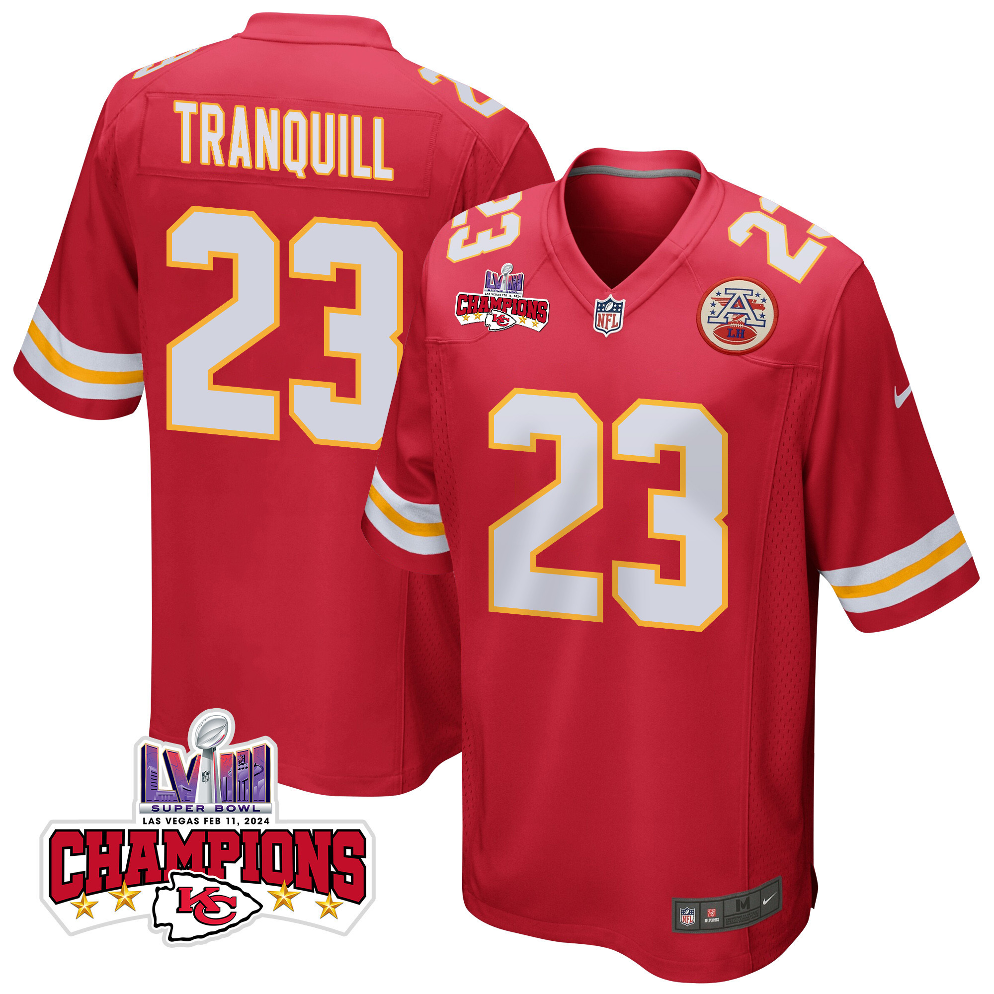 Drue Tranquill 23 Kansas City Chiefs Super Bowl LVIII Champions 4 Stars Patch Game Men Jersey - Red JS3828 nicesnker