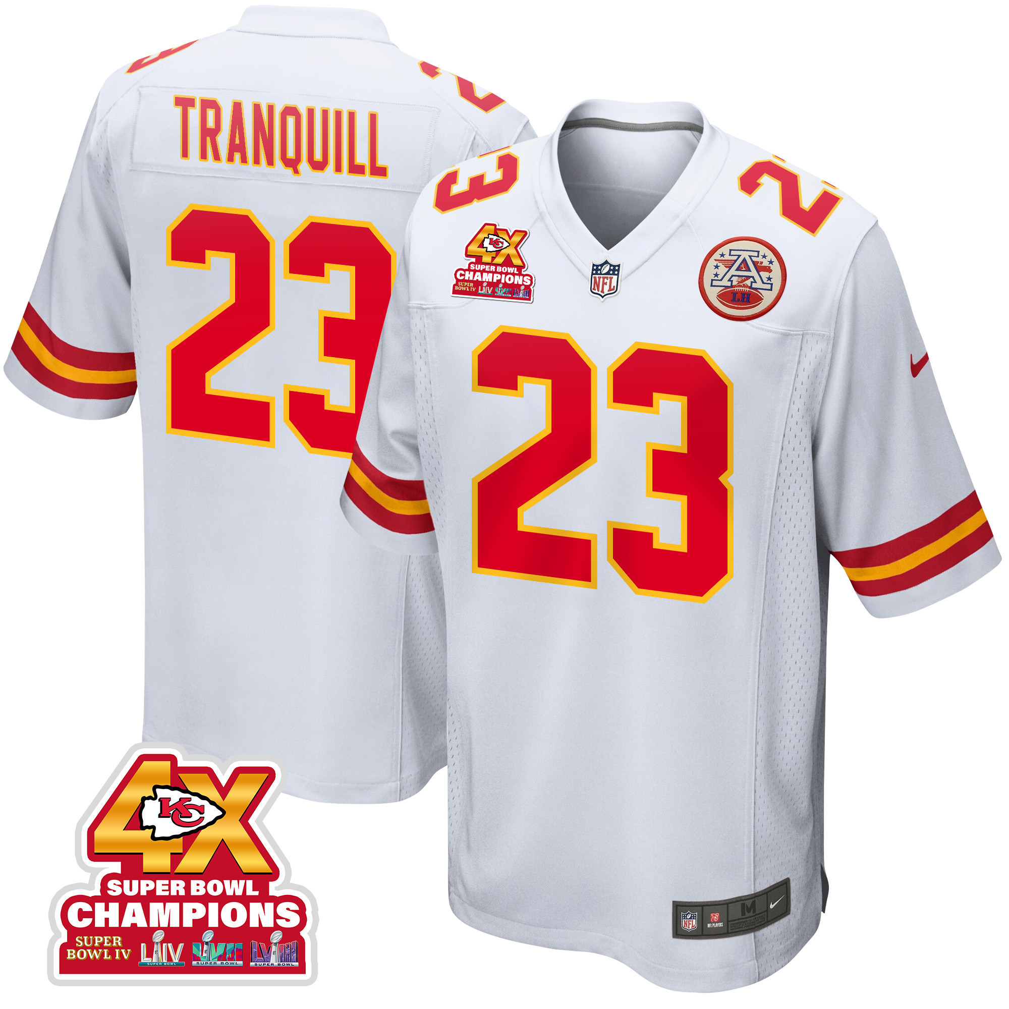 Drue Tranquill 23 Kansas City Chiefs Super Bowl LVIII Champions 4X Game Men Jersey - White JS7299 nicesnker