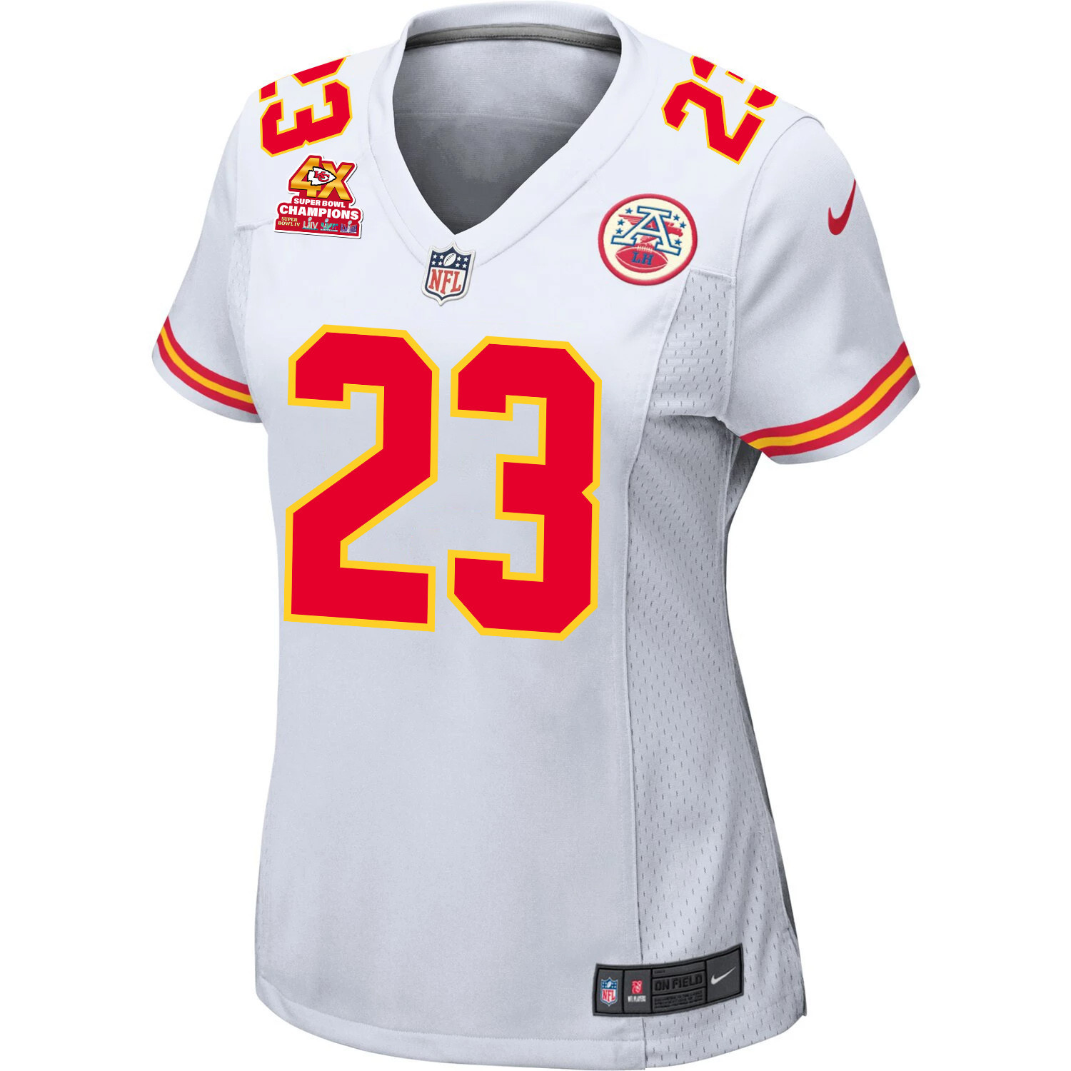 Alternative view of Drue Tranquill 23 Kansas City Chiefs Super Bowl LVIII Champions 4X Game Women Jersey - White JS4254 nicesnker