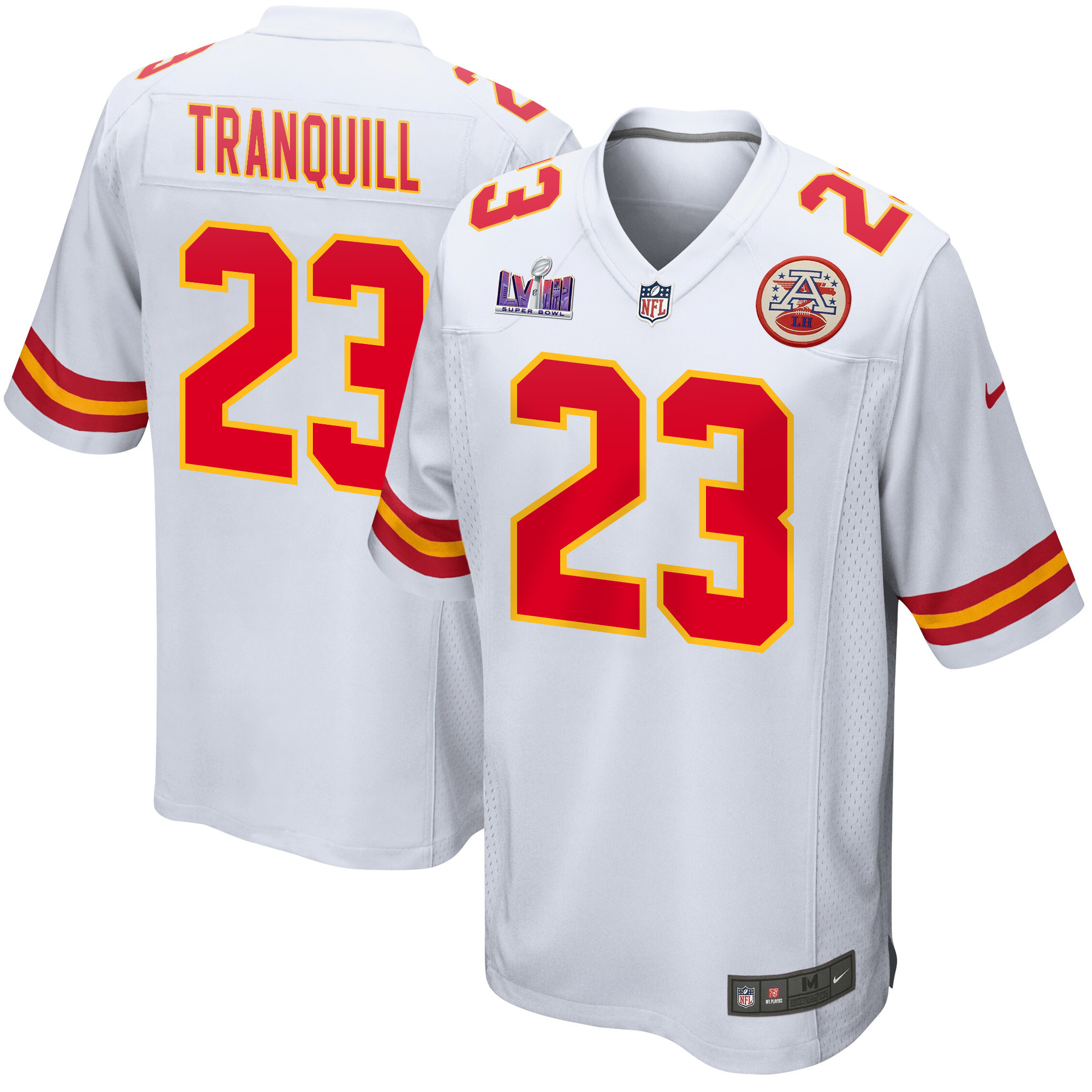 Drue Tranquill 23 Kansas City Chiefs Super Bowl LVIII Patch Game Men Jersey - White JS2427 nicesnker