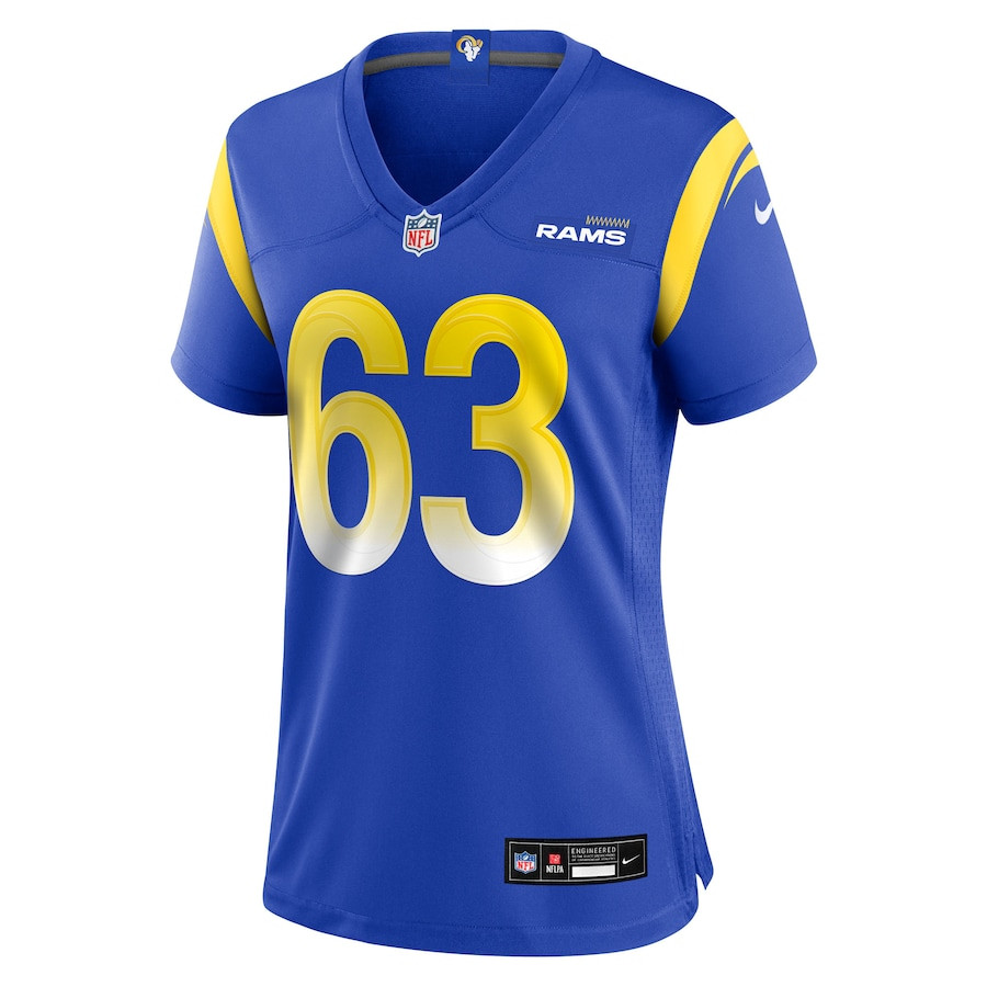 Alternative view of Dylan McMahon 63 Los Angeles Rams Women's Team Game Jersey - Royal JS4211 nicesnker