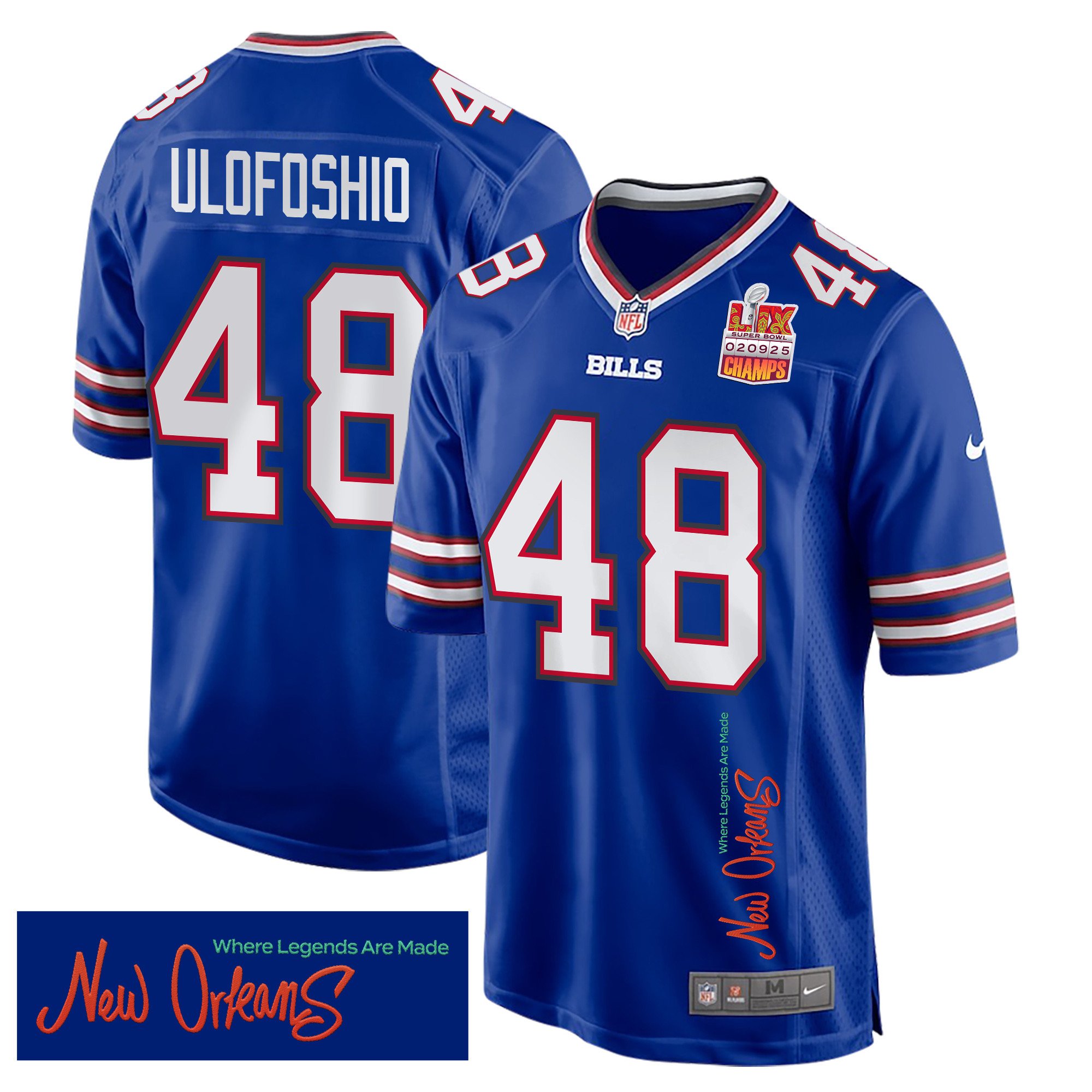 Edefuan Ulofoshio 48 Buffalo Bills Super Bowl LIX Champions Patch 'New Orleans - Where Legends Are Made' EMBROIDERED Game Men Jersey - Royal JS6906 nicesnker