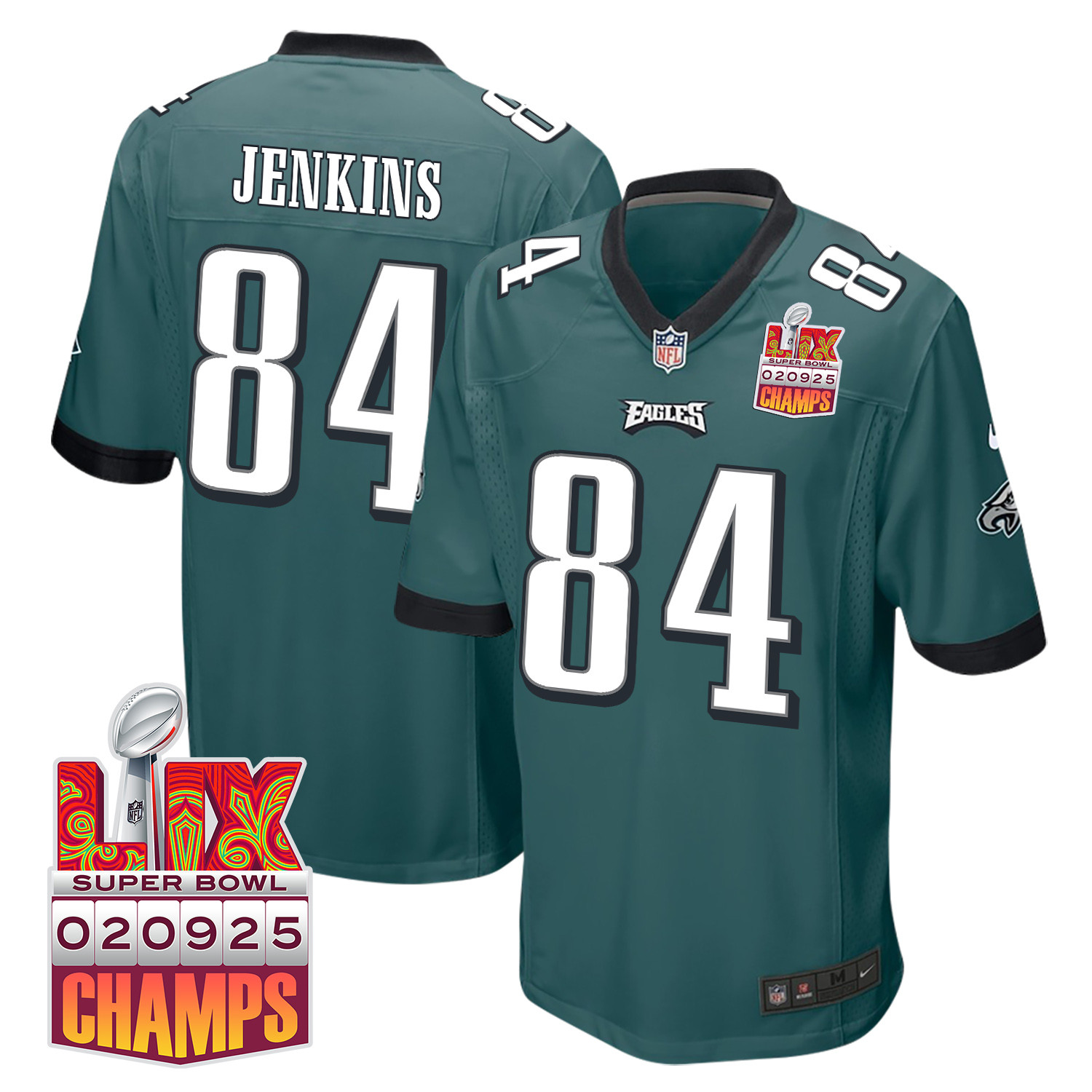 E.J. Jenkins 84 Philadelphia Eagles Super Bowl LIX Champions Patch Game Men Jersey - Midnight Green JS5425 nicesnker