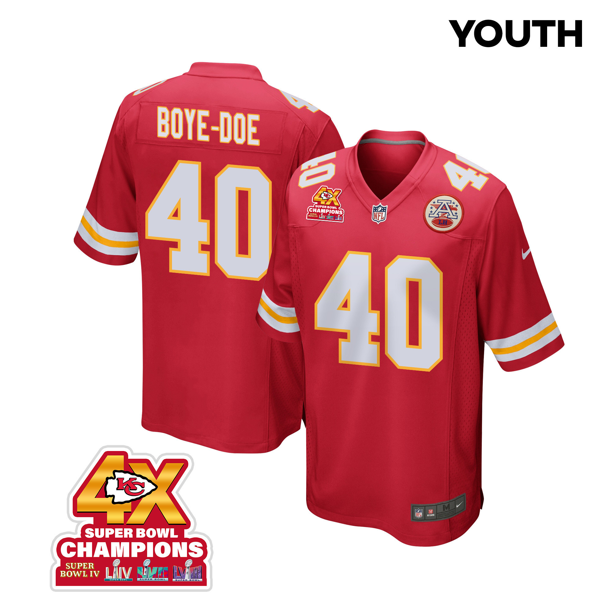 Ekow Boye-Doe 40 Kansas City Chiefs Super Bowl LVIII Champions 4X Game YOUTH Jersey - Red JS9456 nicesnker