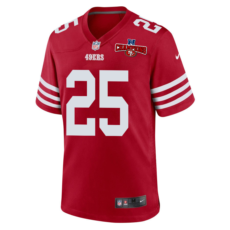 Alternative view of Elijah Mitchell 25 San Francisco 49ers NFC Champions Patch Game Men Jersey - Scarlet JS5913 nicesnker