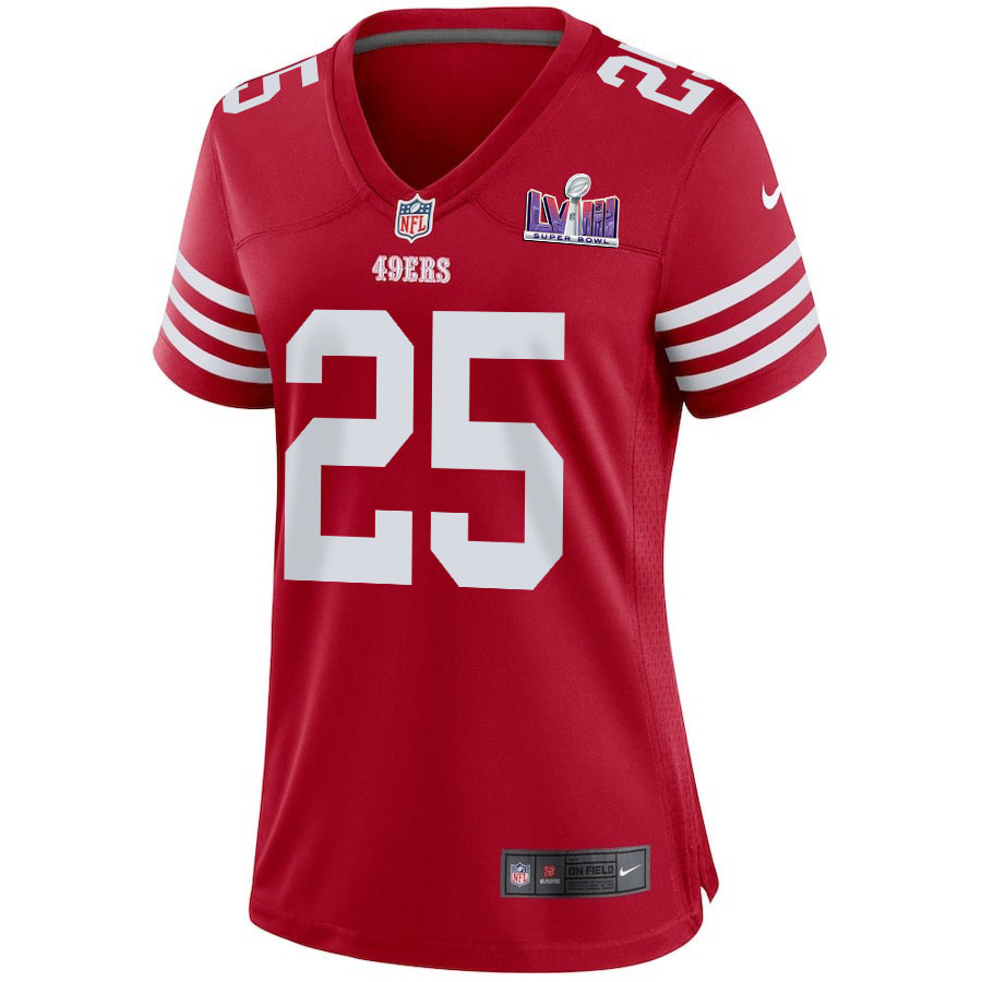 Alternative view of Elijah Mitchell 25 San Francisco 49ers Super Bowl LVIII Patch Game Women Jersey - Scarlet JS2014 nicesnker