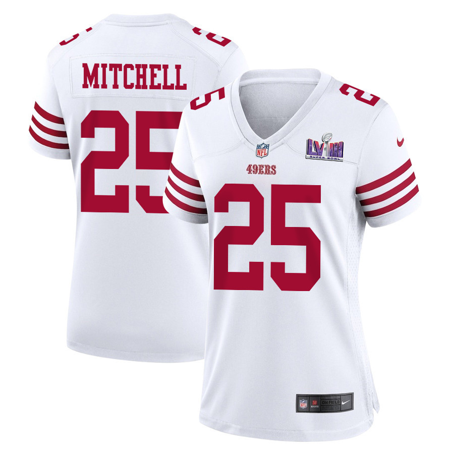 Elijah Mitchell 25 San Francisco 49ers Super Bowl LVIII Patch Game Women Jersey - White JS9533 nicesnker