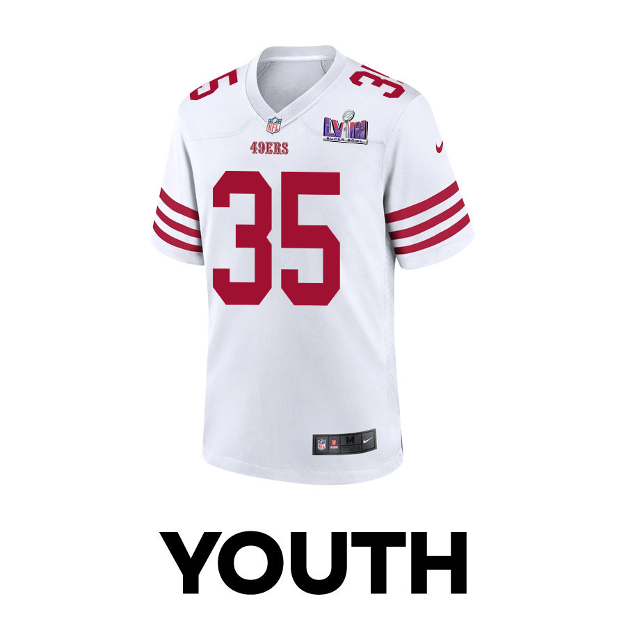 Alternative view of Erik Harris 35 San Francisco 49ers Super Bowl LVIII Patch Game YOUTH Jersey - White JS3000 nicesnker
