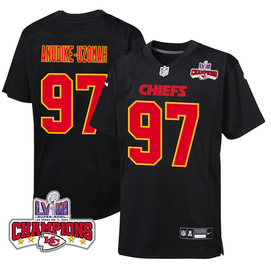Felix Anudike-Uzomah 97 Kansas City Chiefs Super Bowl LVIII Champions 4 Stars Patch Fashion Game YOUTH Jersey - Carbon Black JS9763 nicesnker