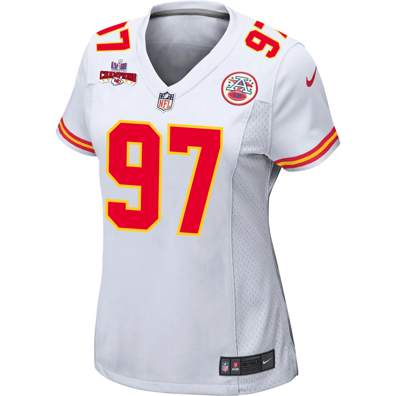Alternative view of Felix Anudike-Uzomah 97 Kansas City Chiefs Super Bowl LVIII Champions 4 Stars Patch Game Women Jersey - White JS1785 nicesnker
