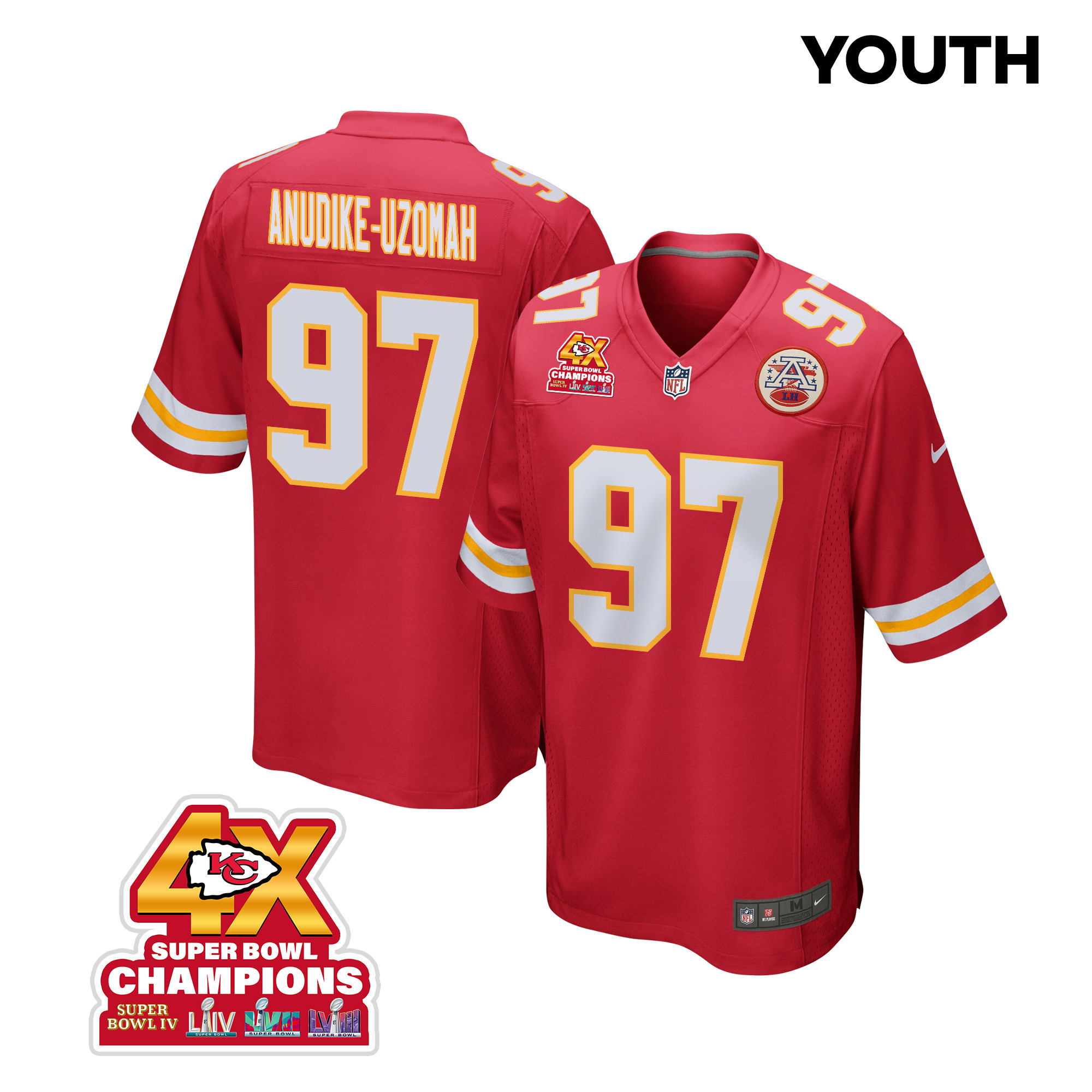 Felix Anudike-Uzomah 97 Kansas City Chiefs Super Bowl LVIII Champions 4X Game YOUTH Jersey - Red JS3852 nicesnker