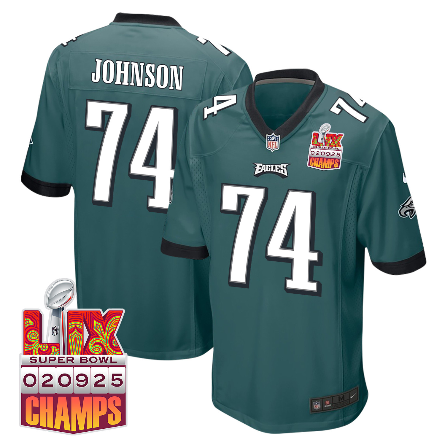 Fred Johnson 74 Philadelphia Eagles Super Bowl LIX Champions Patch Game Men Jersey - Midnight Green JS3704 nicesnker