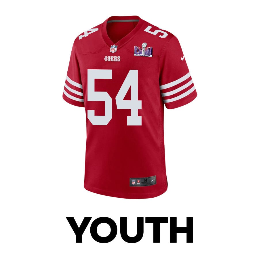 Alternative view of Fred Warner 54 San Francisco 49ers Super Bowl LVIII Patch Game YOUTH Jersey - Scarlet JS5451 nicesnker