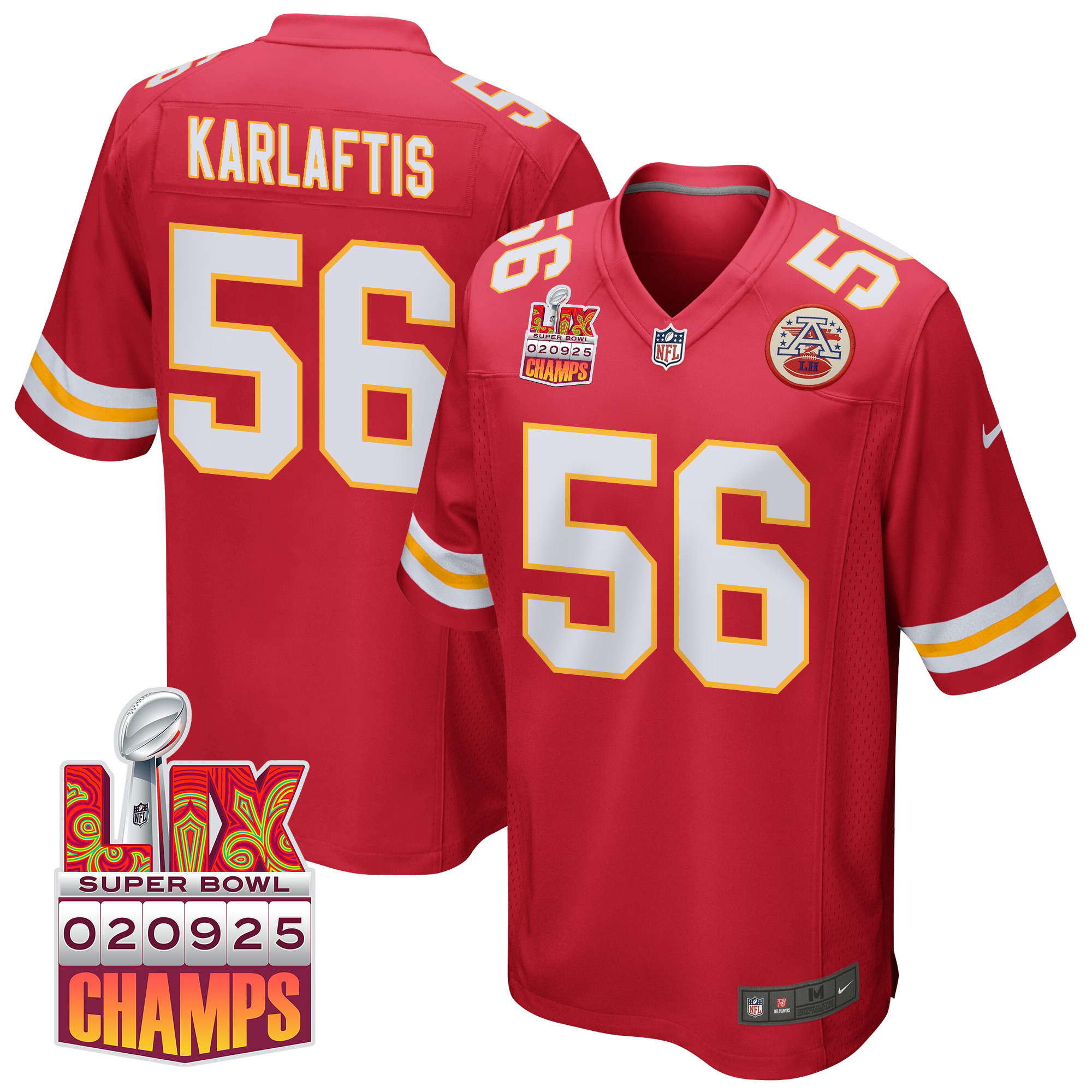 George Karlaftis 56 Kansas City Chiefs Super Bowl LIX Champions Patch Game Men Jersey - Red JS6556 nicesnker