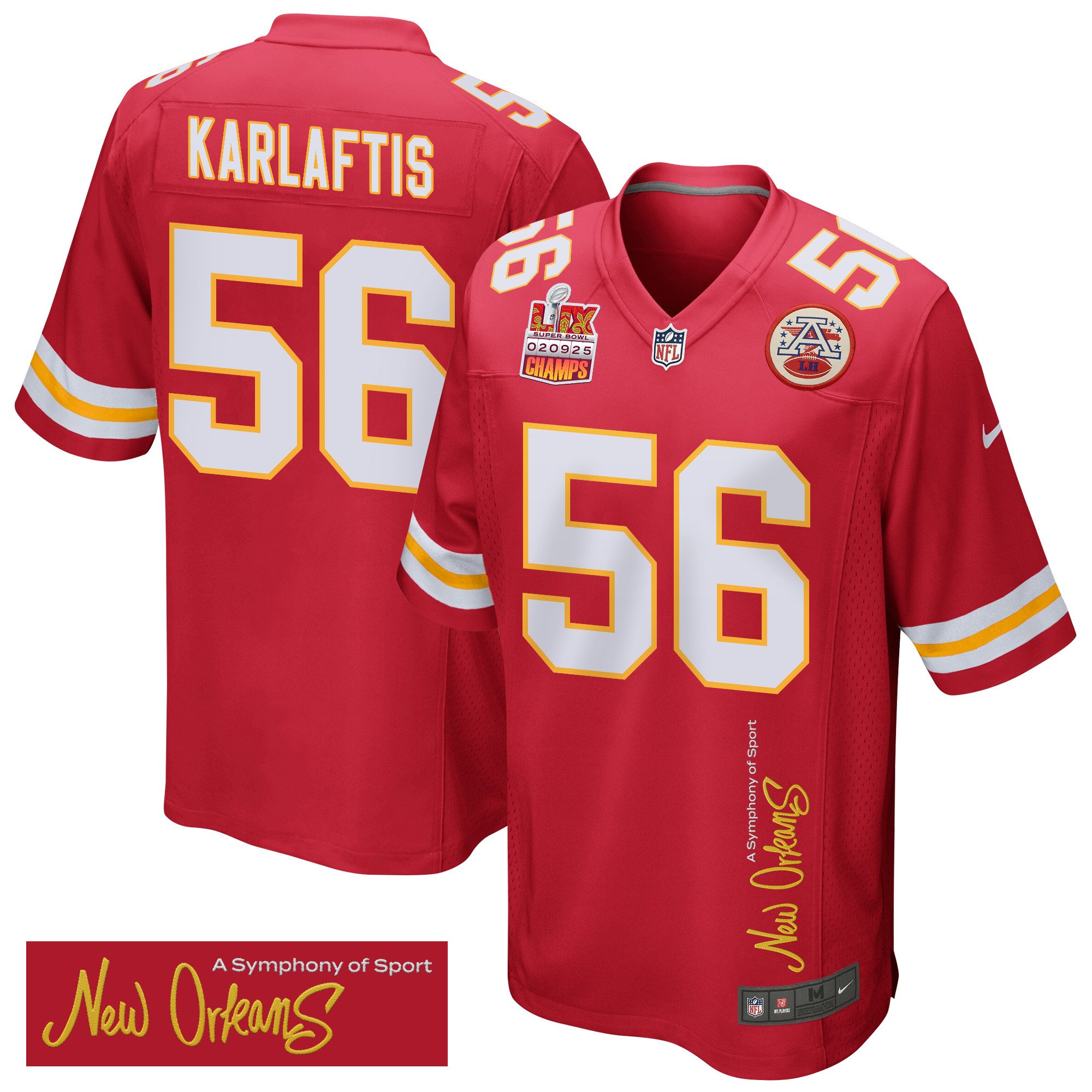 George Karlaftis 56 Kansas City Chiefs Super Bowl LIX Champions Patch 'New Orleans - A Symphony of Sport' EMBROIDERED Game Men Jersey - Red JS2768 nicesnker