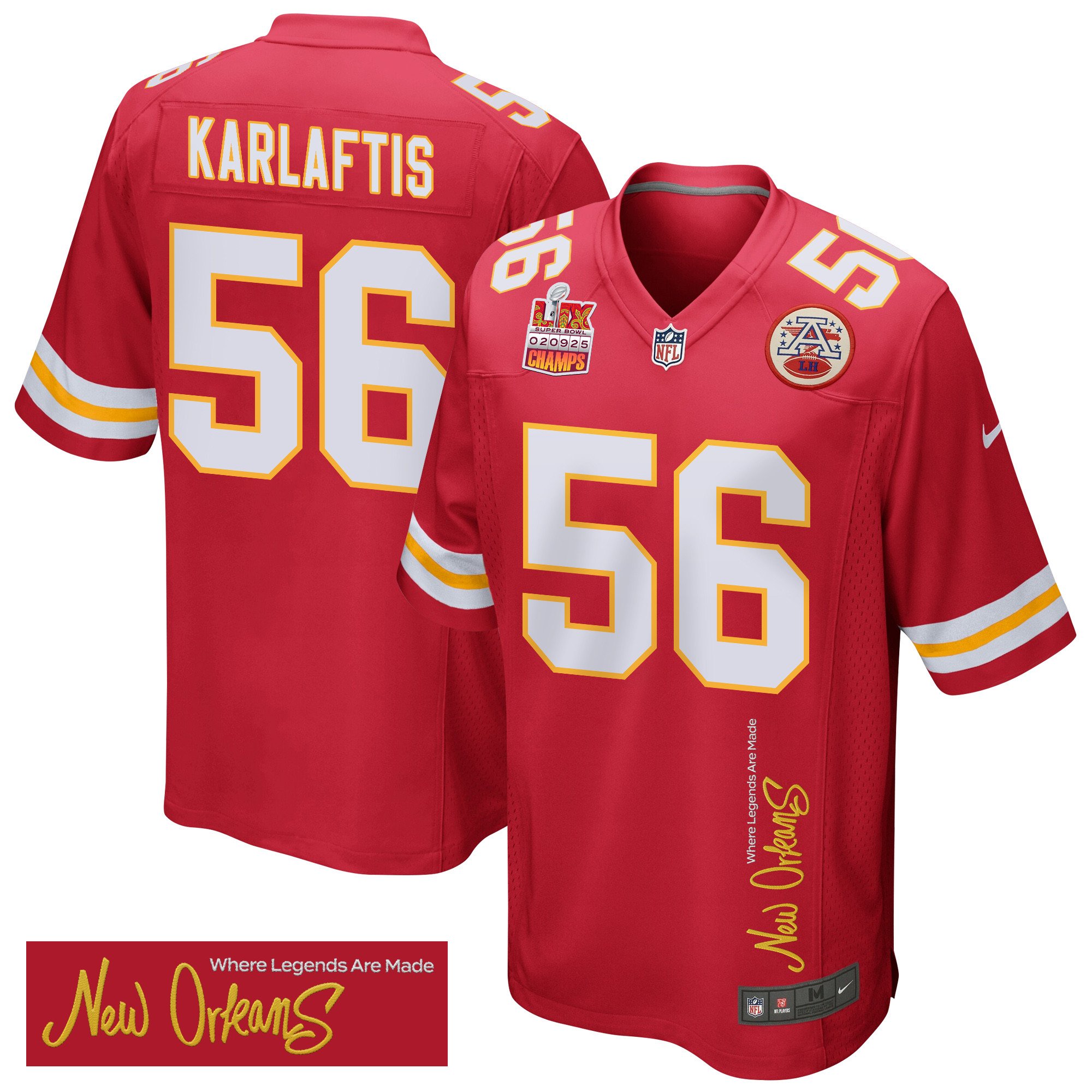 George Karlaftis 56 Kansas City Chiefs Super Bowl LIX Champions Patch 'New Orleans - Where Legends Are Made' EMBROIDERED Game Men Jersey - Red JS1714 nicesnker