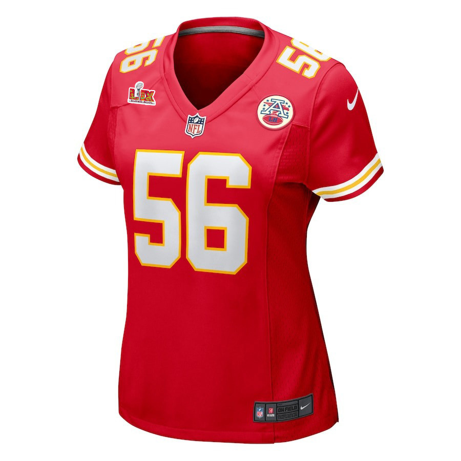 Alternative view of George Karlaftis #56 Kansas City Chiefs Super Bowl LIX Women's Jersey - Red JS8761 nicesnker