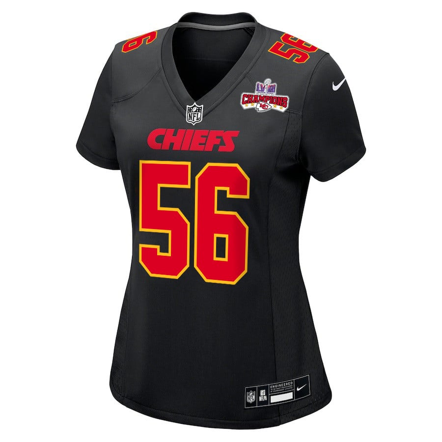 Alternative view of George Karlaftis 56 Kansas City Chiefs Super Bowl LVIII Champions 4 Stars Patch Fashion Game Women Jersey - Carbon Black JS3337 nicesnker