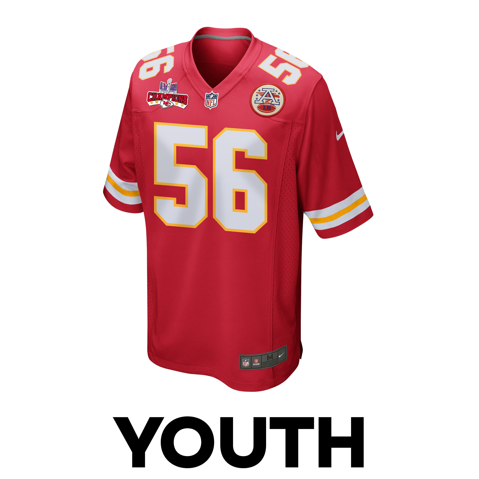 Alternative view of George Karlaftis 56 Kansas City Chiefs Super Bowl LVIII Champions 4 Stars Patch Game YOUTH Jersey - Red JS9272 nicesnker