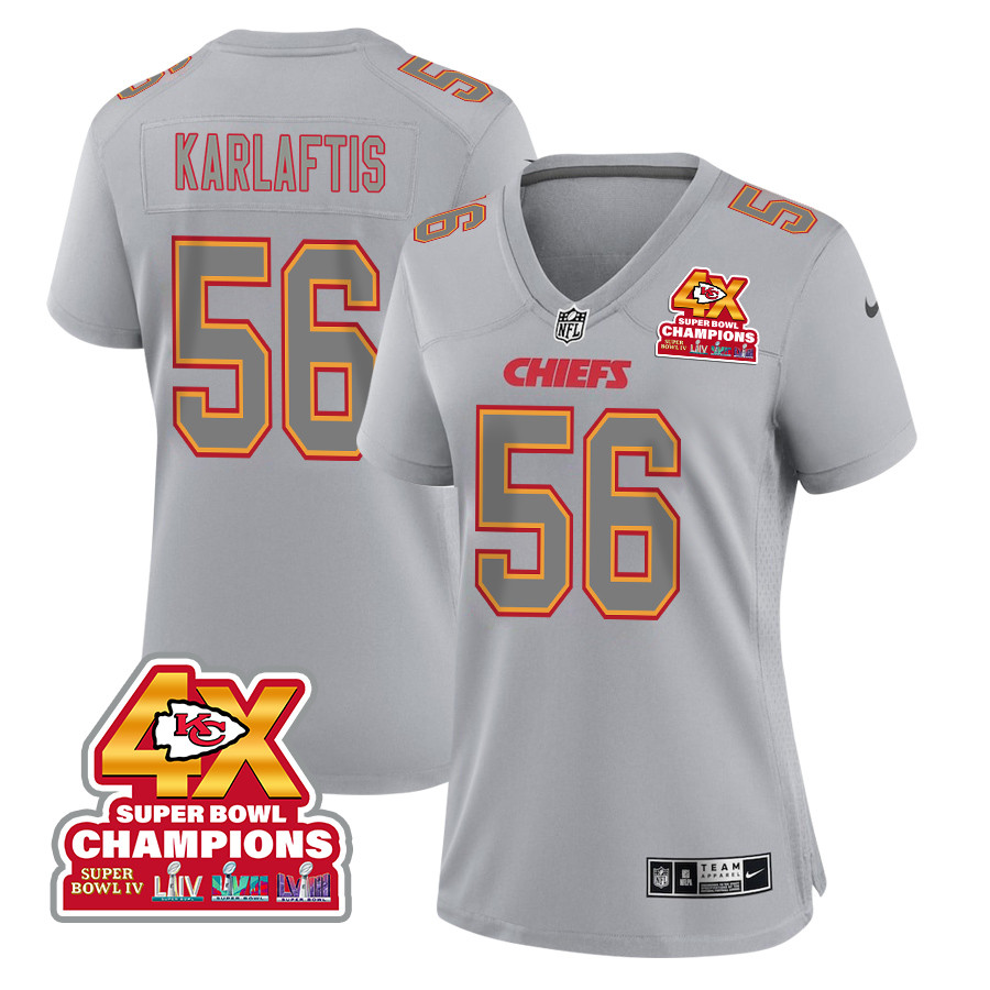 George Karlaftis 56 Kansas City Chiefs Super Bowl LVIII Champions 4X Atmosphere Fashion Game Women Jersey - Gray JS1199 nicesnker
