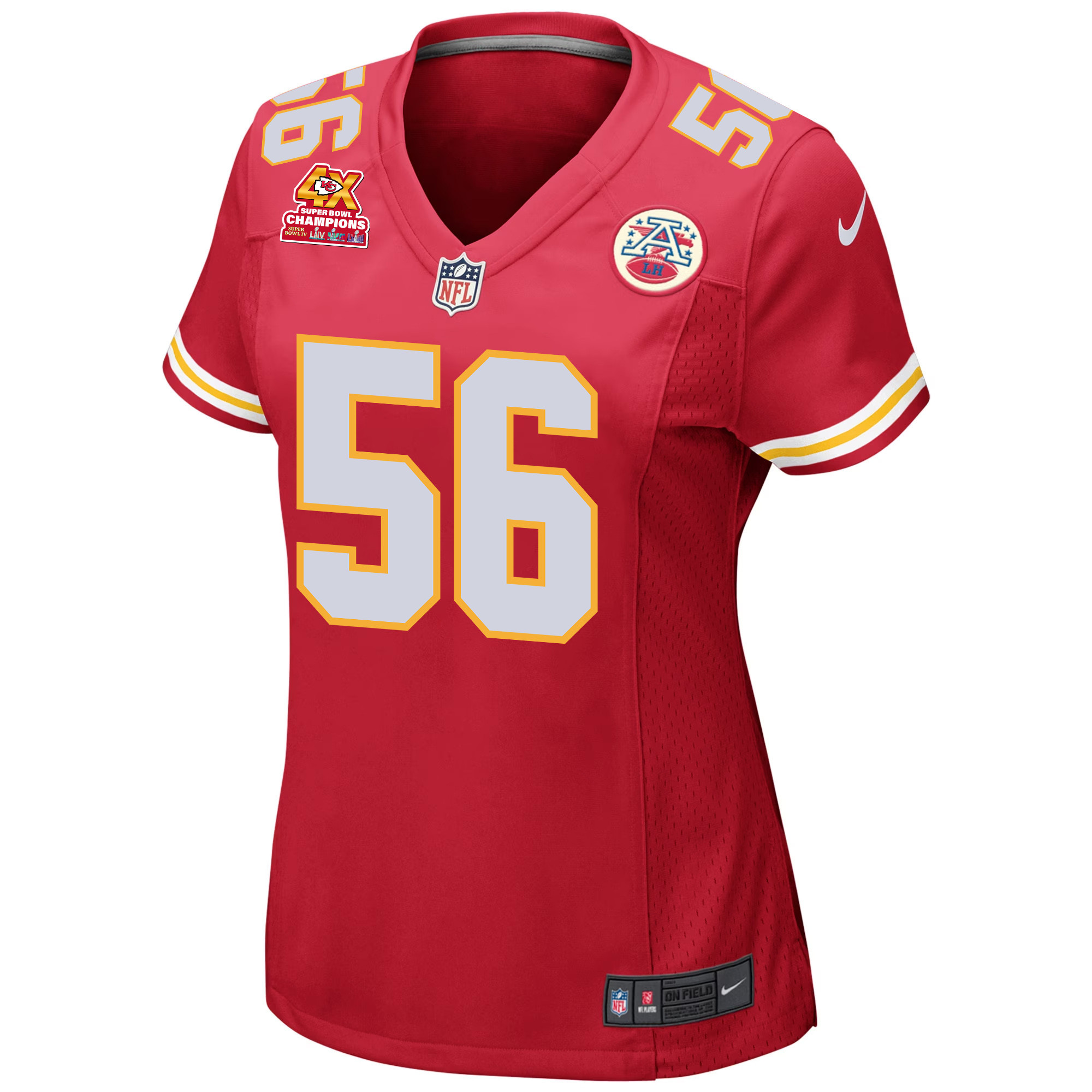 Alternative view of George Karlaftis 56 Kansas City Chiefs Super Bowl LVIII Champions 4X Game Women Jersey - Red JS6925 nicesnker