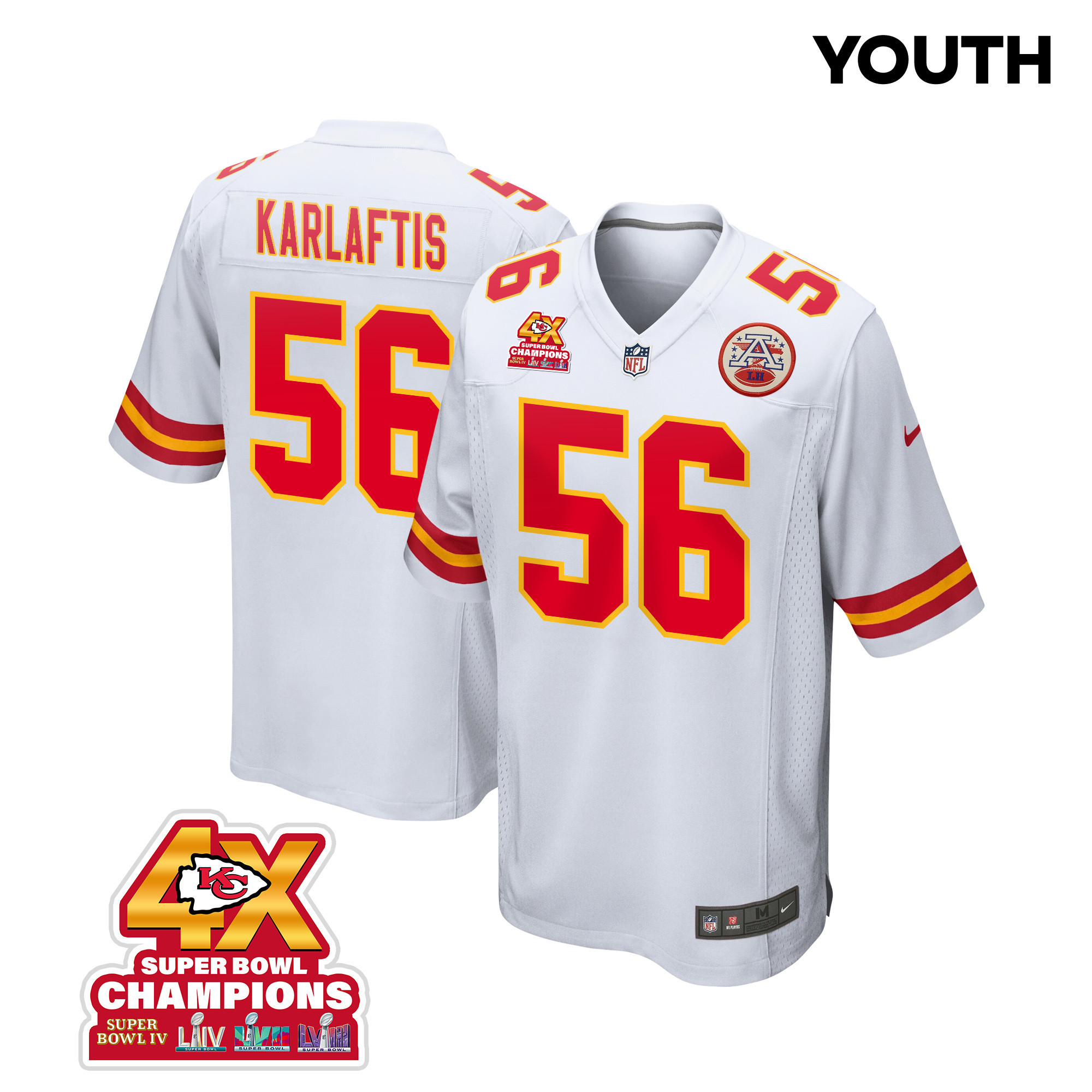 George Karlaftis 56 Kansas City Chiefs Super Bowl LVIII Champions 4X Game YOUTH Jersey - White JS8994 nicesnker