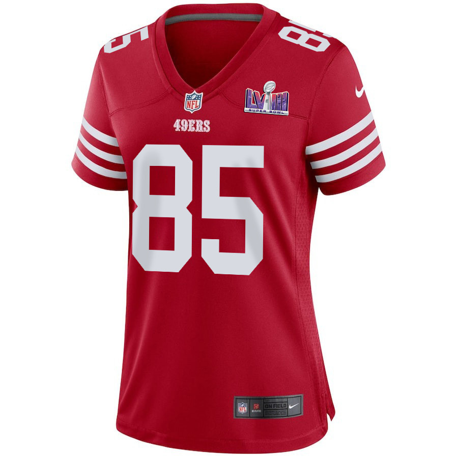 Alternative view of George Kittle 85 San Francisco 49ers Super Bowl LVIII Patch Game Women Jersey - Scarlet JS2034 nicesnker