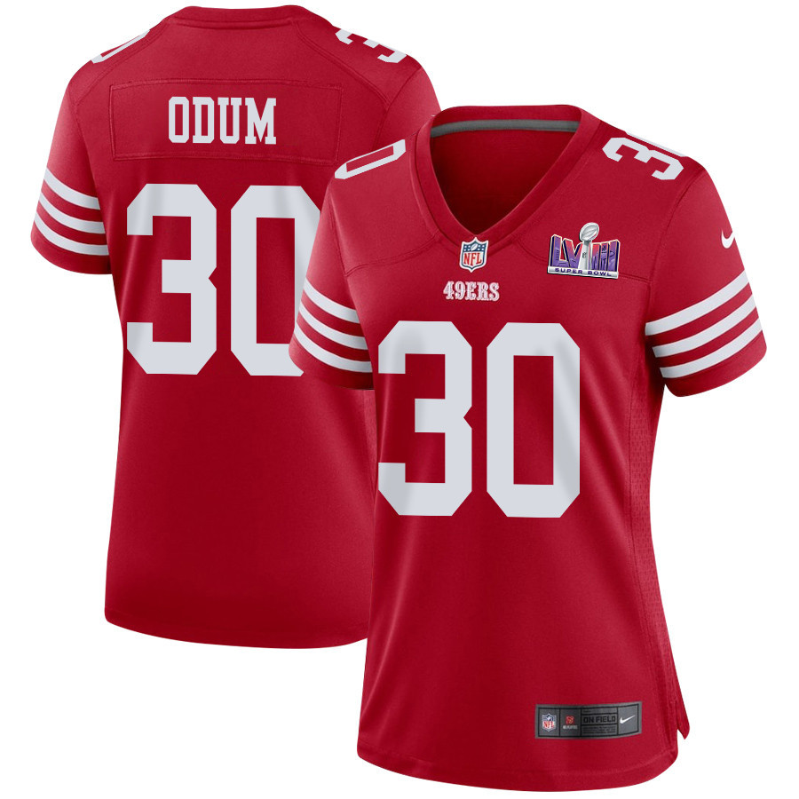 George Odum 30 San Francisco 49ers Super Bowl LVIII Patch Game Women Jersey - Scarlet JS9384 nicesnker