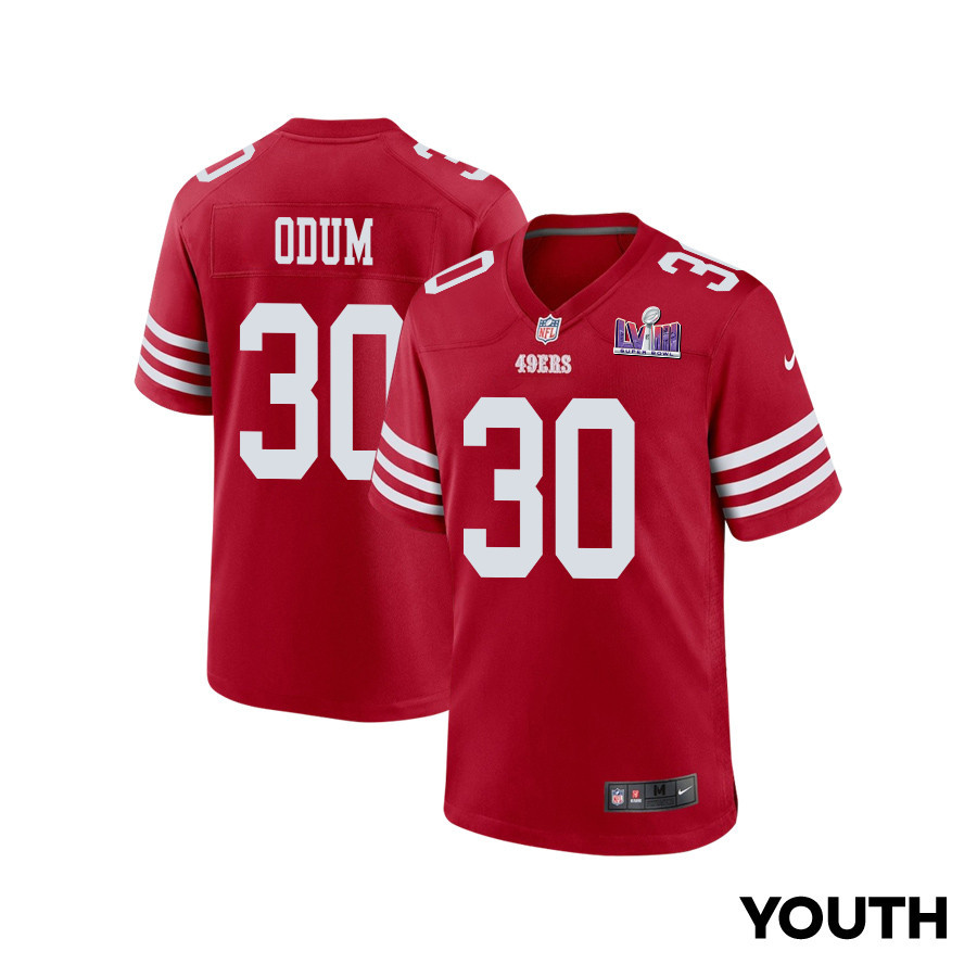 George Odum 30 San Francisco 49ers Super Bowl LVIII Patch Game YOUTH Jersey - Scarlet JS6590 nicesnker