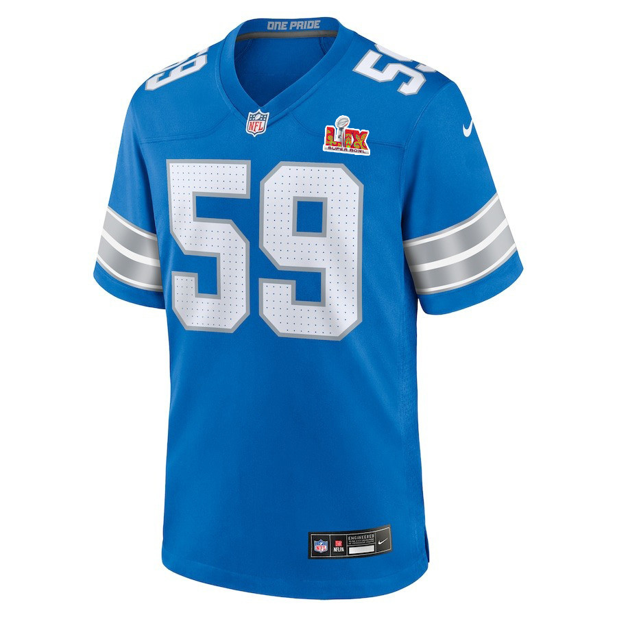 Alternative view of Giovanni Manu #59 Detroit Lions Super Bowl LIX Jersey - Men's - Blue JS3821 nicesnker