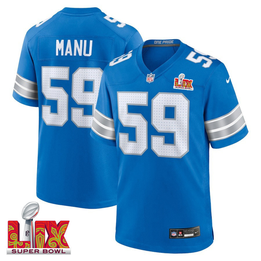 Giovanni Manu #59 Detroit Lions Super Bowl LIX Jersey - Men's - Blue JS3821 nicesnker