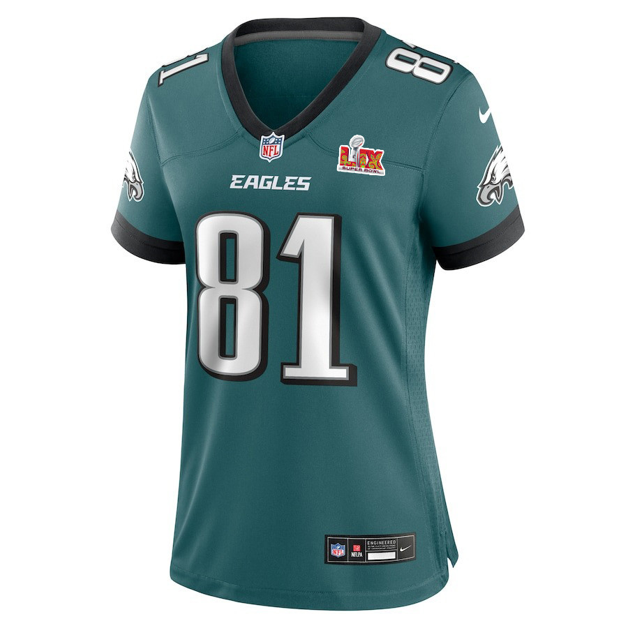 Alternative view of Grant Calcaterra #81 Philadelphia Eagles Super Bowl LIX Women's Jersey - Midnight Green JS9783 nicesnker