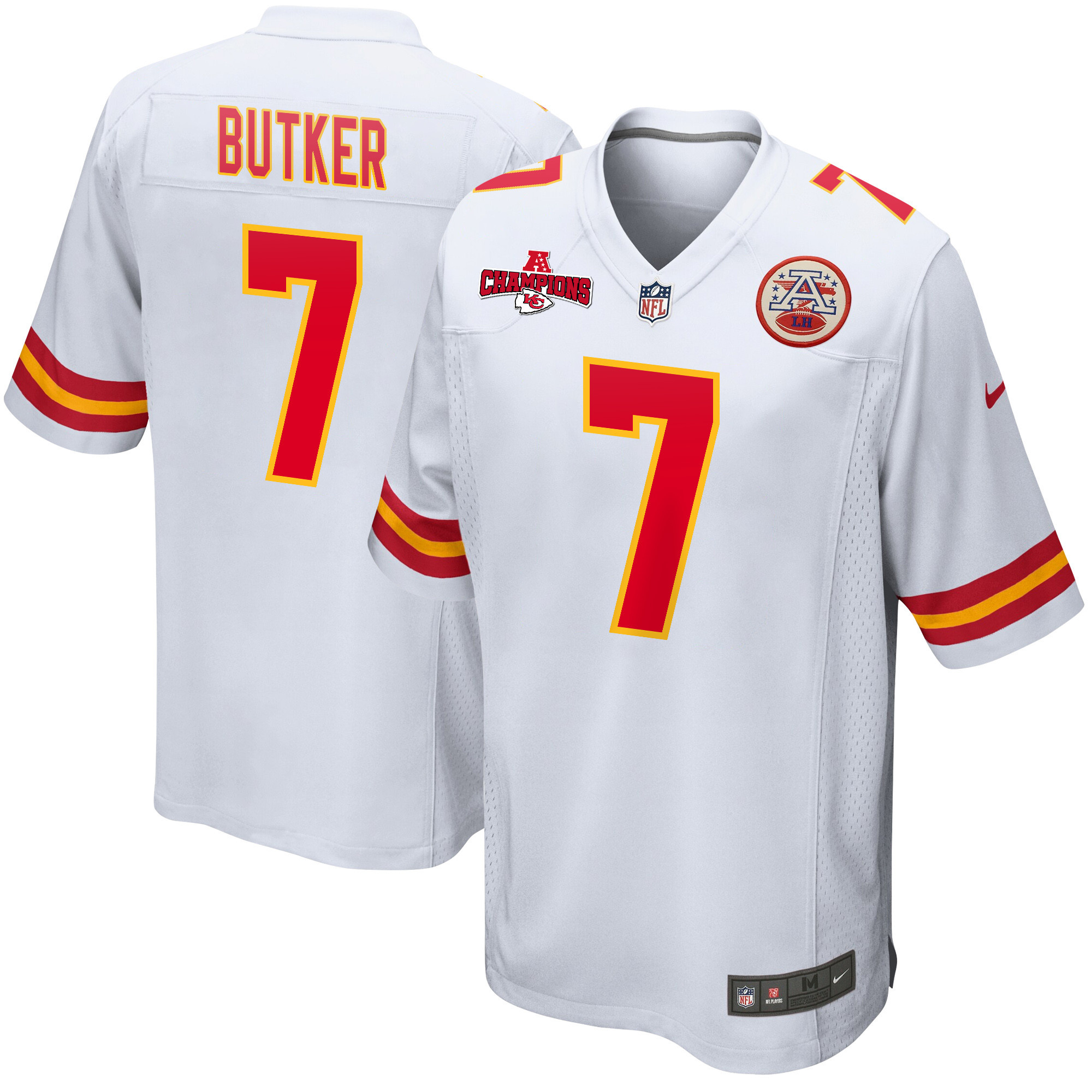 Harrison Butker 7 Kansas City Chiefs AFC Champions Patch Game Men Jersey - White JS7574 nicesnker