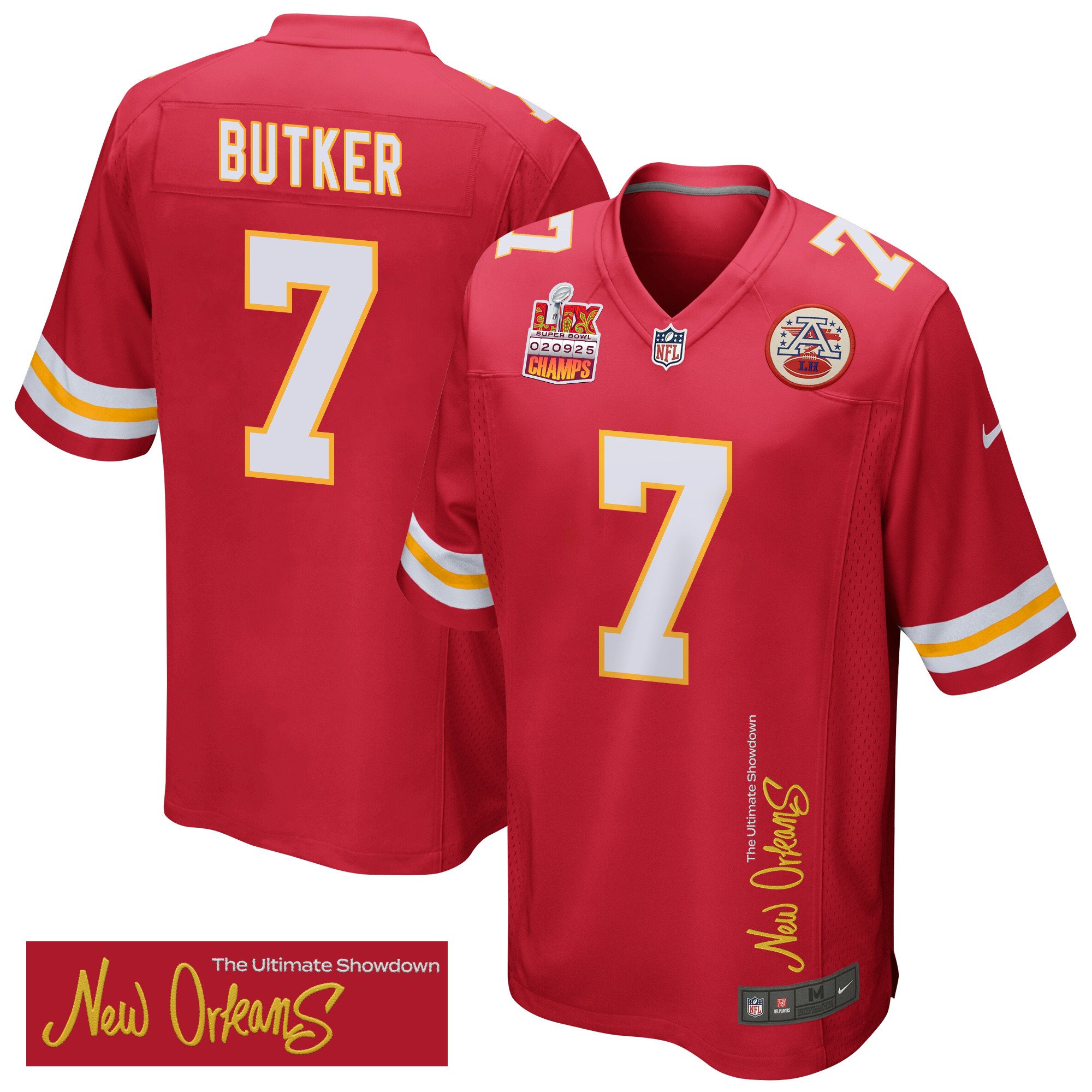 Harrison Butker 7 Kansas City Chiefs Super Bowl LIX Champions Patch 'New Orleans - The Ultimate Showdown' EMBROIDERED Game Men Jersey - Red JS3024 nicesnker