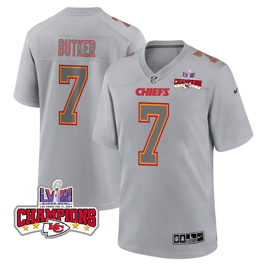 Harrison Butker 7 Kansas City Chiefs Super Bowl LVIII Champions 4 Stars Patch Atmosphere Fashion Game Men Jersey - Gray JS2406 nicesnker