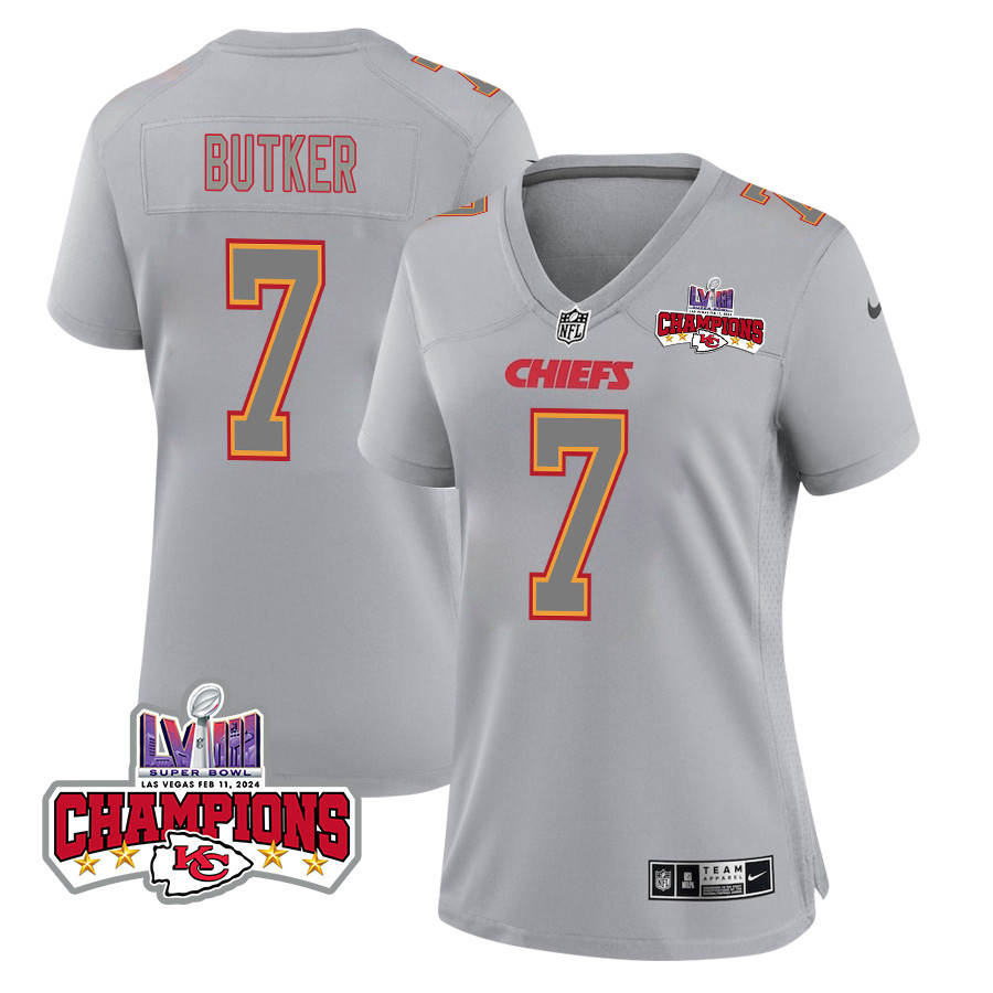 Harrison Butker 7 Kansas City Chiefs Super Bowl LVIII Champions 4 Stars Patch Atmosphere Fashion Game Women Jersey - Gray JS9561 nicesnker