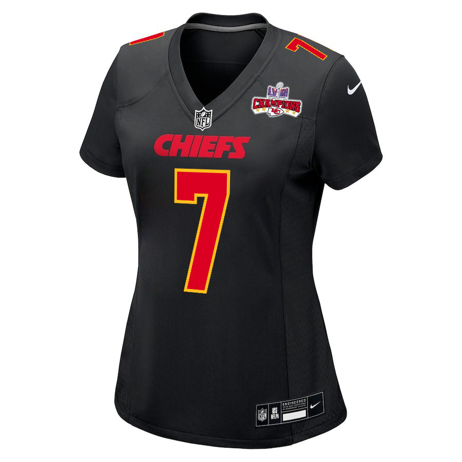 Alternative view of Harrison Butker 7 Kansas City Chiefs Super Bowl LVIII Champions 4 Stars Patch Fashion Game Women Jersey - Carbon Black JS1245 nicesnker