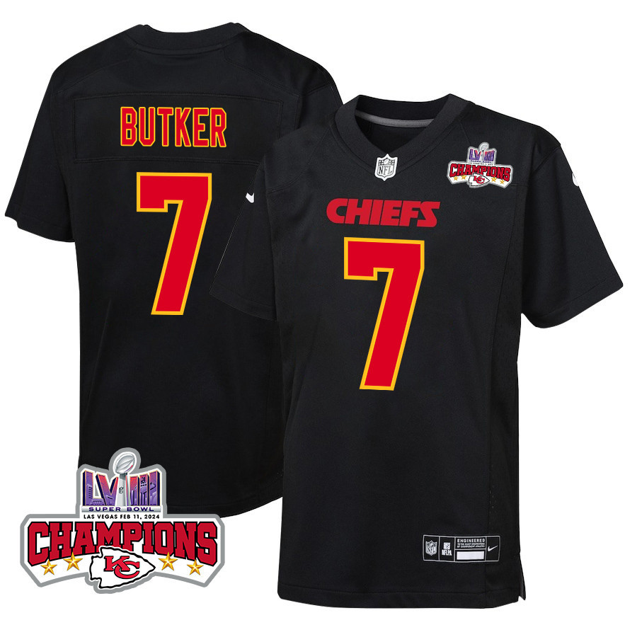 Harrison Butker 7 Kansas City Chiefs Super Bowl LVIII Champions 4 Stars Patch Fashion Game YOUTH Jersey - Carbon Black JS7276 nicesnker