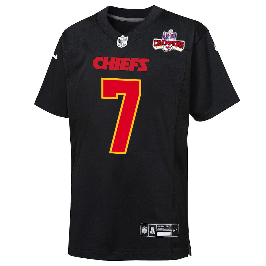 Alternative view of Harrison Butker 7 Kansas City Chiefs Super Bowl LVIII Champions 4 Stars Patch Fashion Game YOUTH Jersey - Carbon Black JS7276 nicesnker