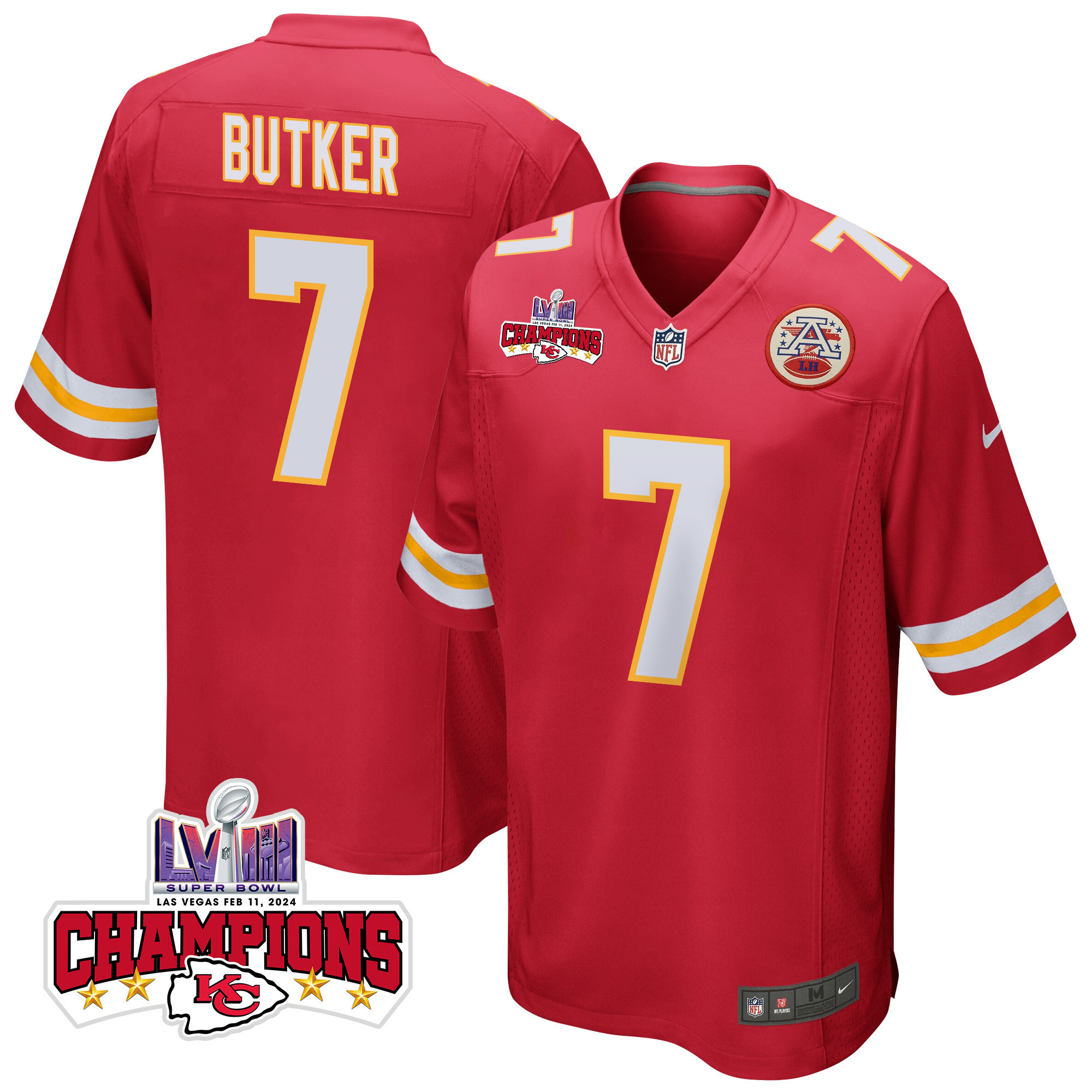 Harrison Butker 7 Kansas City Chiefs Super Bowl LVIII Champions 4 Stars Patch Game Men Jersey - Red JS7124 nicesnker