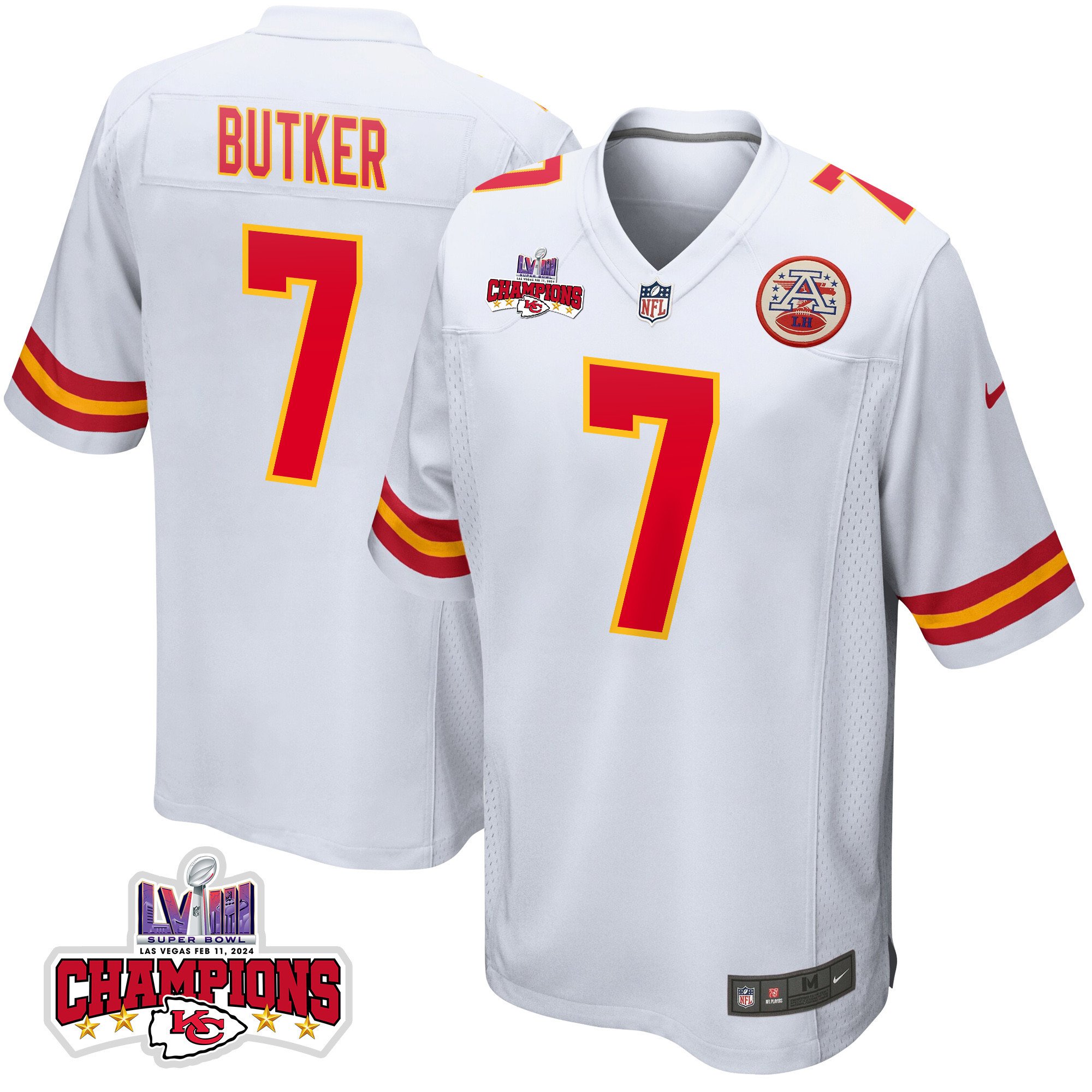 Harrison Butker 7 Kansas City Chiefs Super Bowl LVIII Champions 4 Stars Patch Game Men Jersey - White JS6931 nicesnker