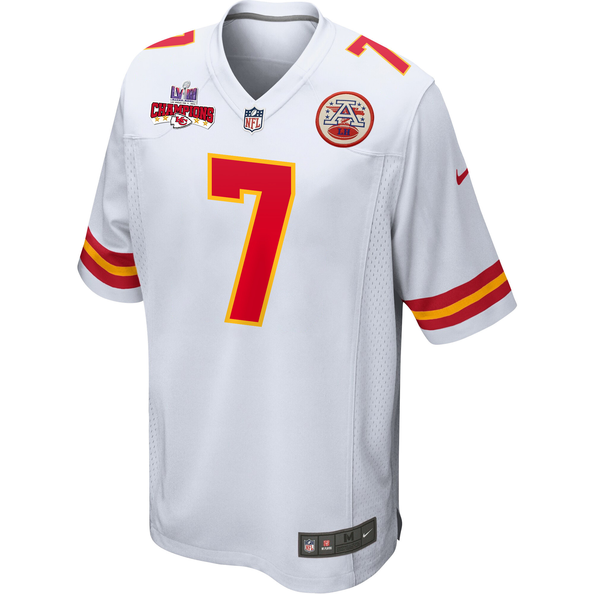 Alternative view of Harrison Butker 7 Kansas City Chiefs Super Bowl LVIII Champions 4 Stars Patch Game Men Jersey - White JS6931 nicesnker