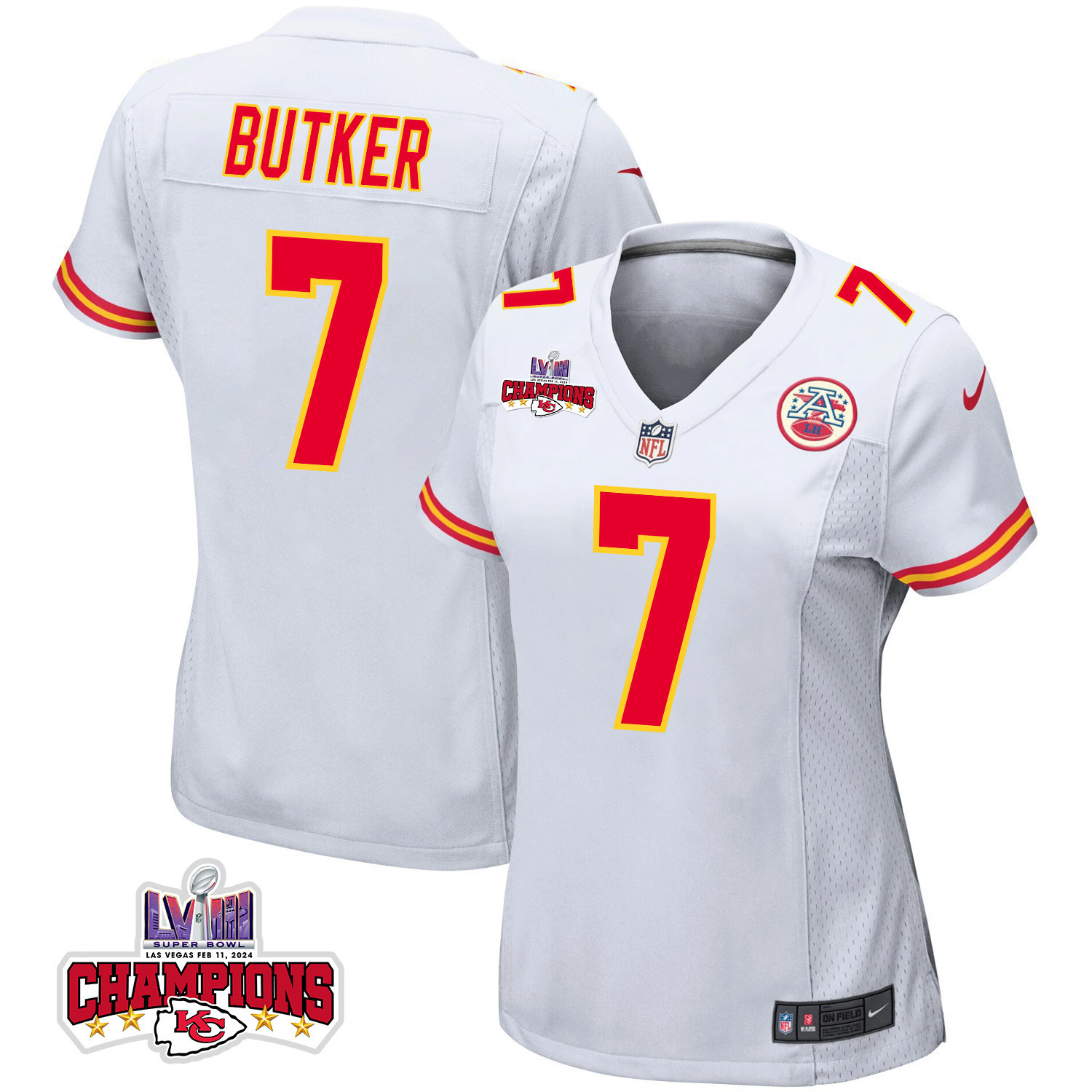 Harrison Butker 7 Kansas City Chiefs Super Bowl LVIII Champions 4 Stars Patch Game Women Jersey - White JS4521 nicesnker