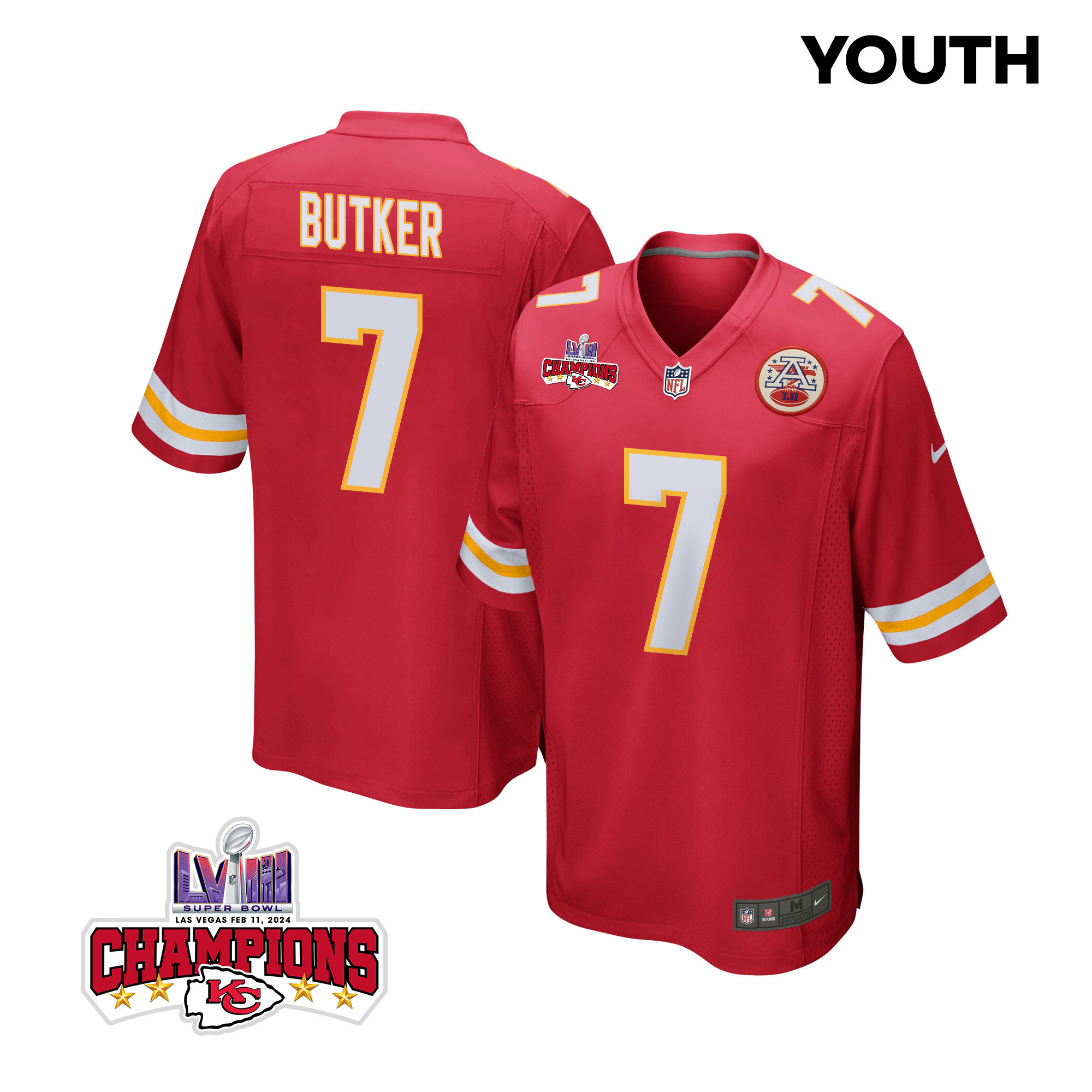 Harrison Butker 7 Kansas City Chiefs Super Bowl LVIII Champions 4 Stars Patch Game YOUTH Jersey - Red JS7703 nicesnker