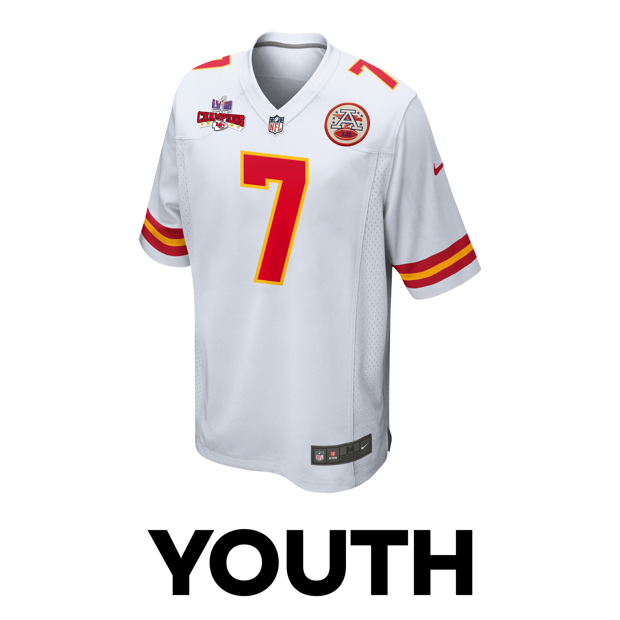 Alternative view of Harrison Butker 7 Kansas City Chiefs Super Bowl LVIII Champions 4 Stars Patch Game YOUTH Jersey - White JS9204 nicesnker