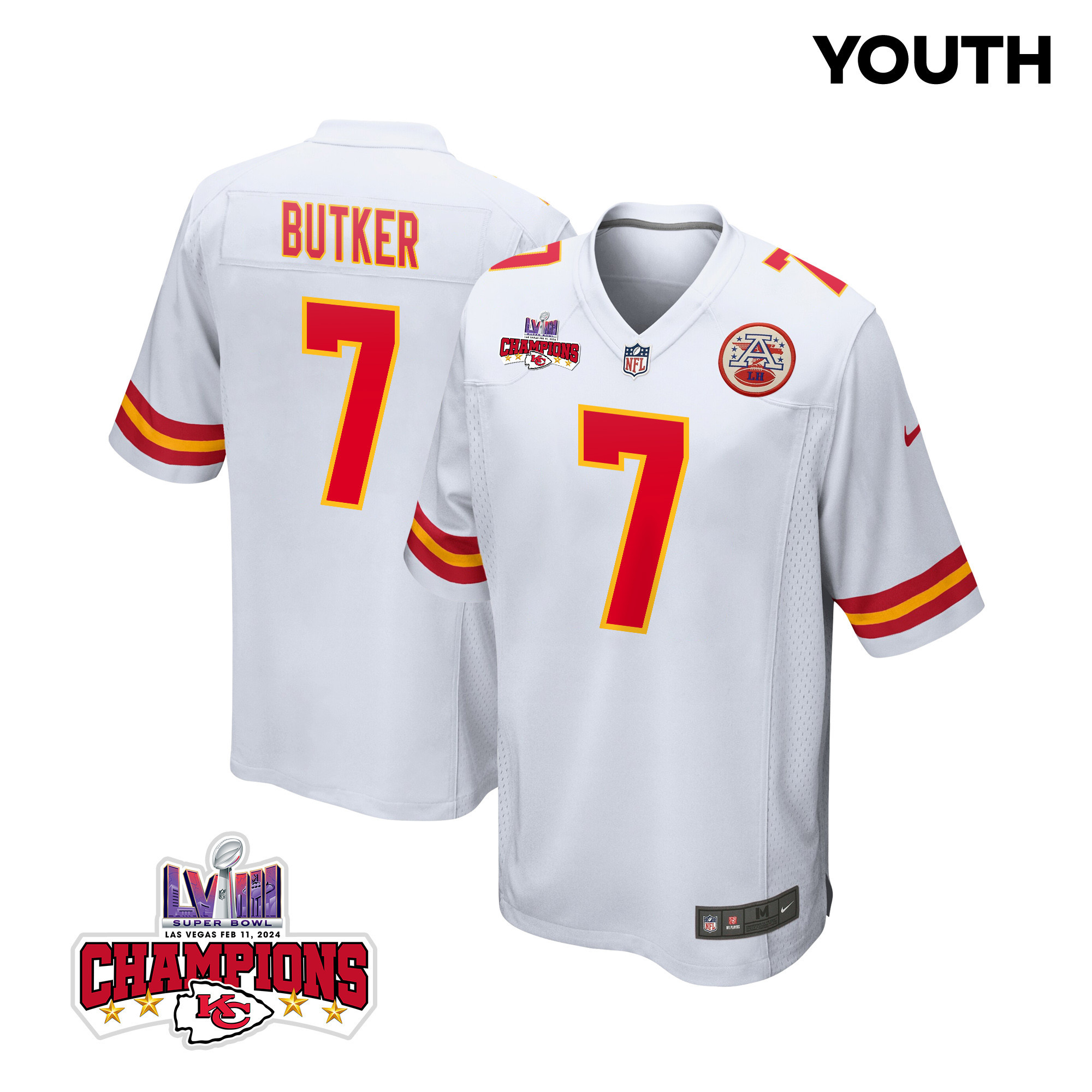 Harrison Butker 7 Kansas City Chiefs Super Bowl LVIII Champions 4 Stars Patch Game YOUTH Jersey - White JS9204 nicesnker