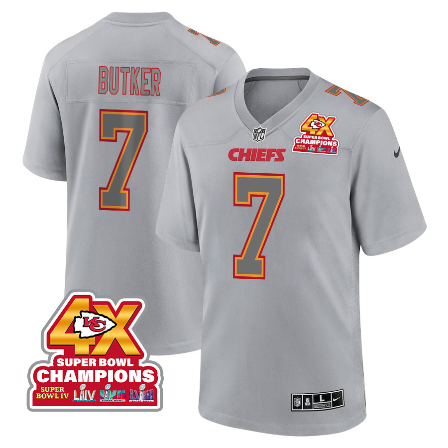 Harrison Butker 7 Kansas City Chiefs Super Bowl LVIII Champions 4X Atmosphere Fashion Game Men Jersey - Gray JS3084 nicesnker