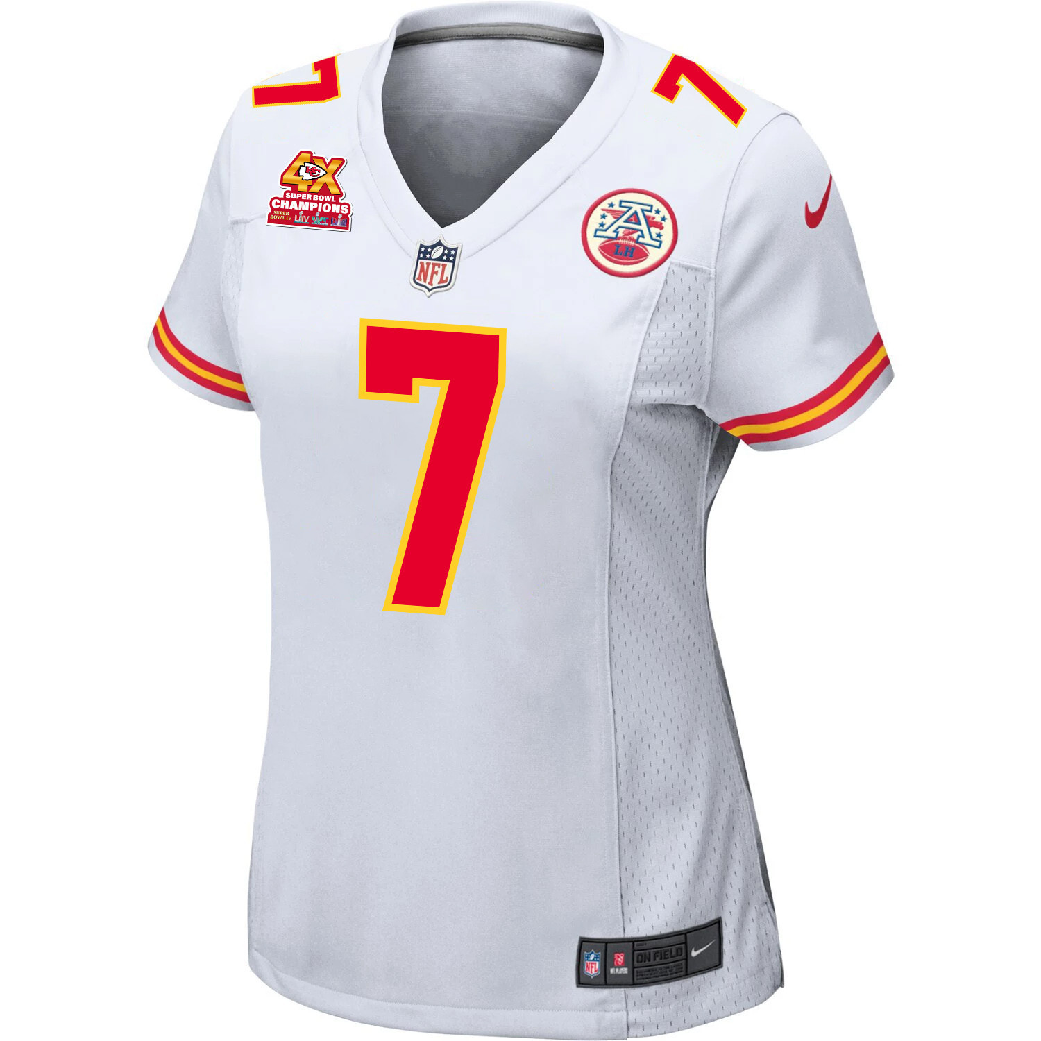 Alternative view of Harrison Butker 7 Kansas City Chiefs Super Bowl LVIII Champions 4X Game Women Jersey - White JS1913 nicesnker