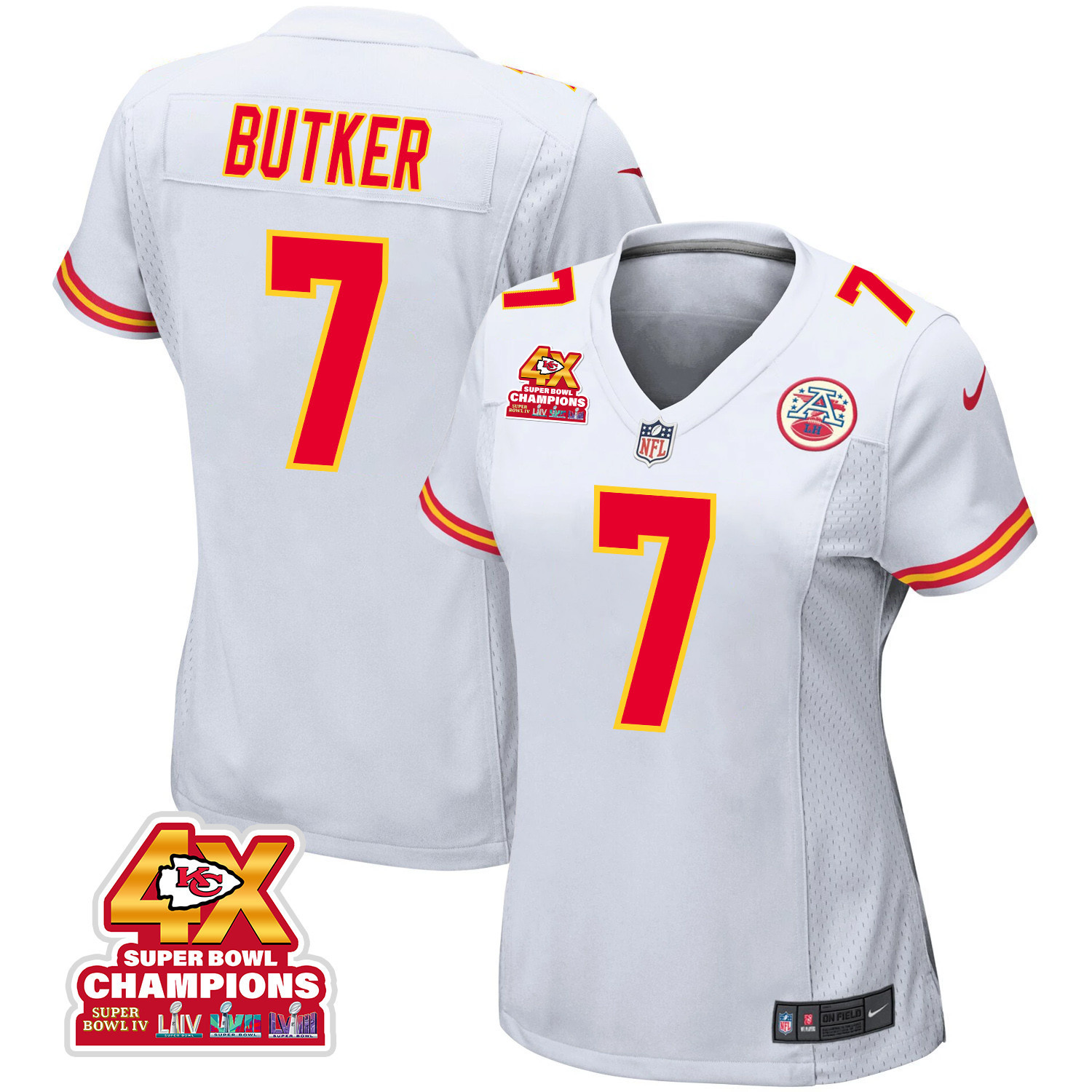 Harrison Butker 7 Kansas City Chiefs Super Bowl LVIII Champions 4X Game Women Jersey - White JS1913 nicesnker